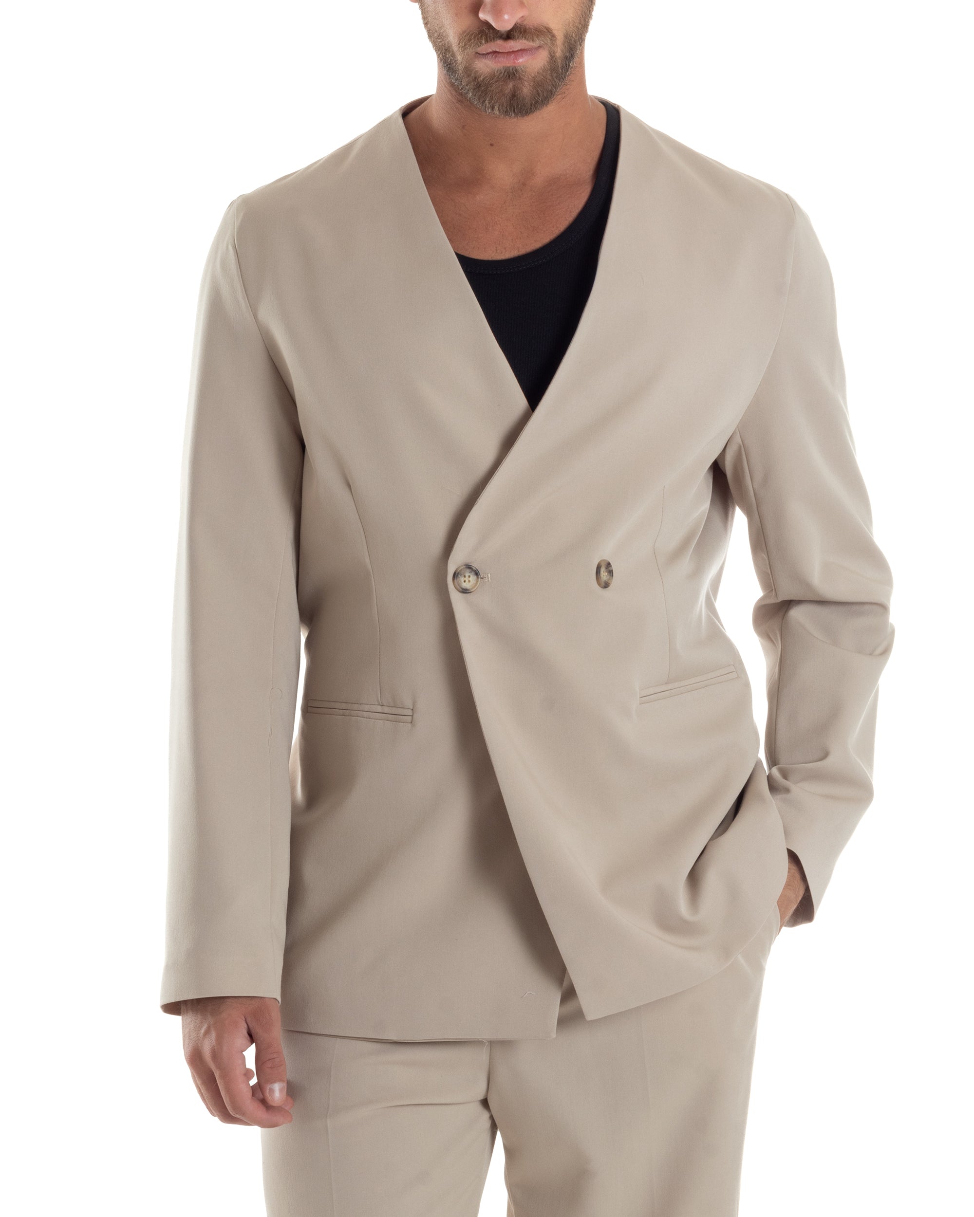 Giacca Doppiopetto Uomo Viscosa Senza Rever Relaxed Fit Casual Tinta Unita Beige GIOSAL-G3296A
