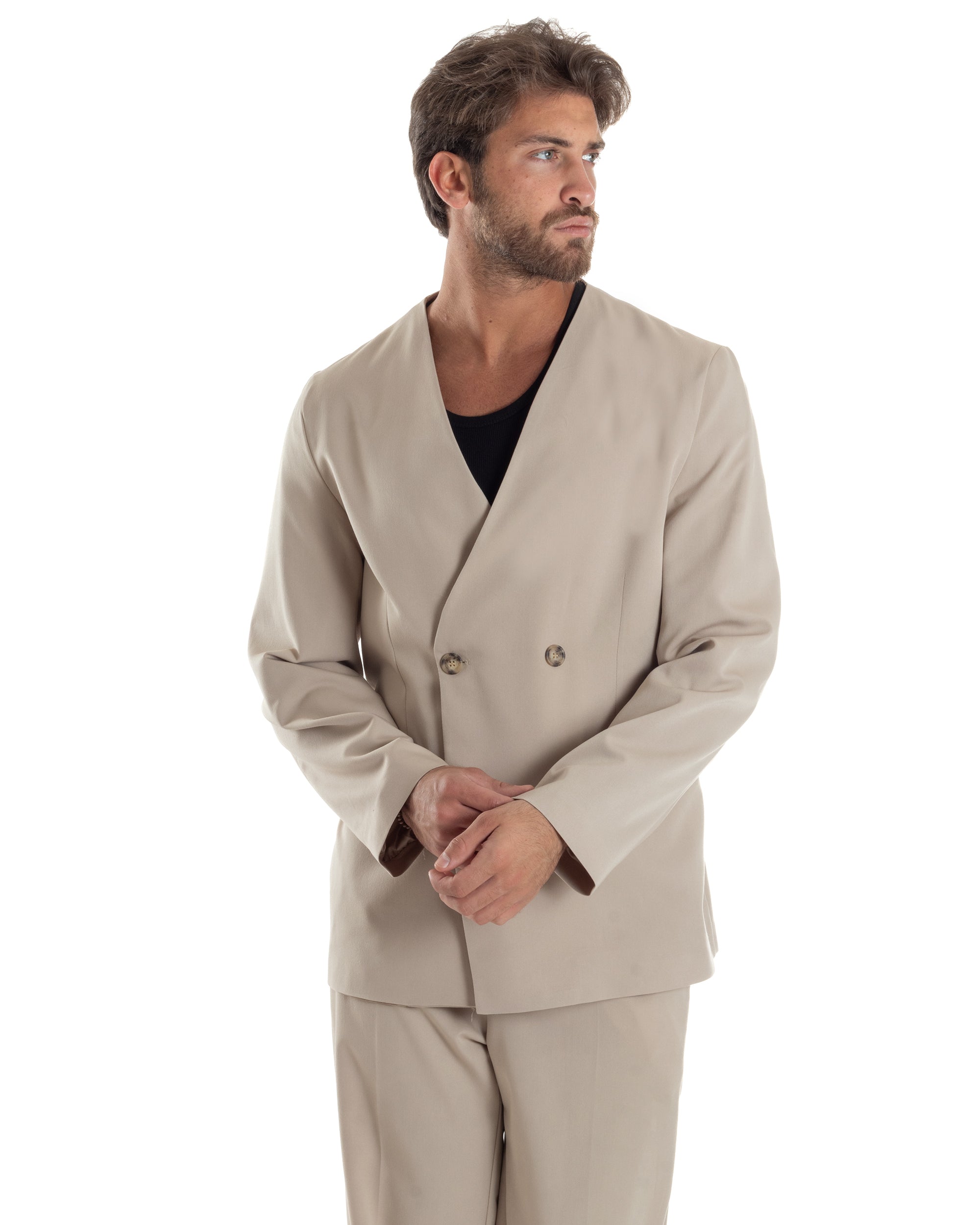 Giacca Doppiopetto Uomo Viscosa Senza Rever Relaxed Fit Casual Tinta Unita Beige GIOSAL-G3296A