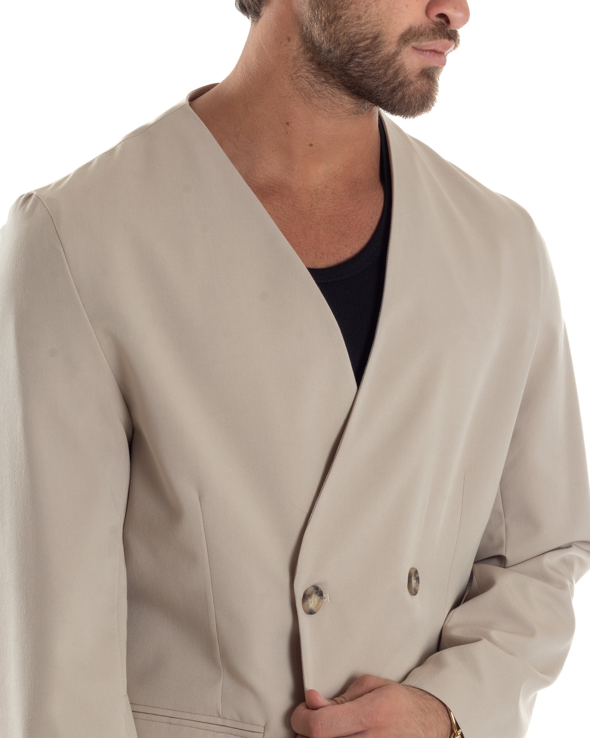 Giacca Doppiopetto Uomo Viscosa Senza Rever Relaxed Fit Casual Tinta Unita Beige GIOSAL-G3296A