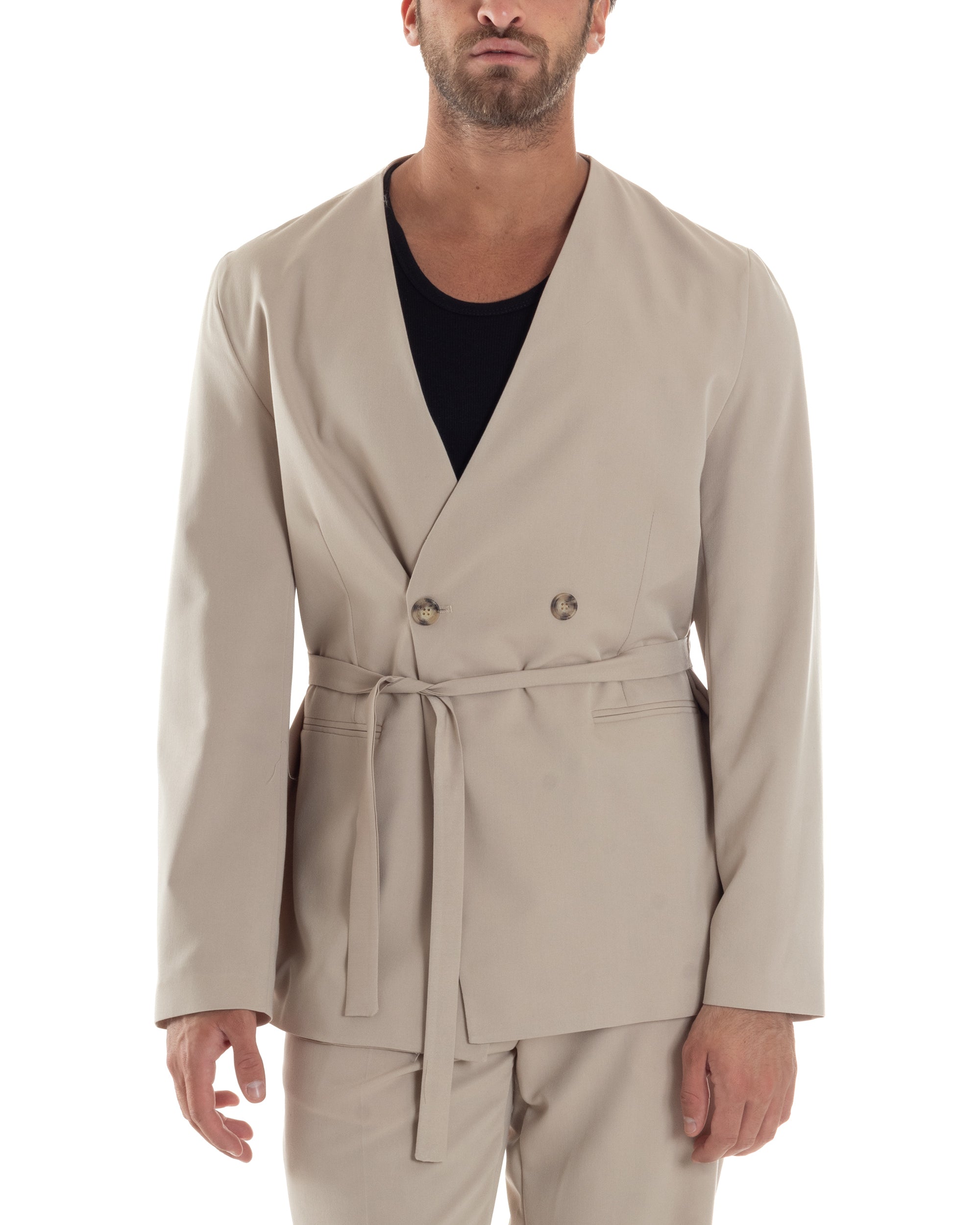 Giacca Doppiopetto Uomo Viscosa Senza Rever Relaxed Fit Casual Tinta Unita Beige GIOSAL-G3296A