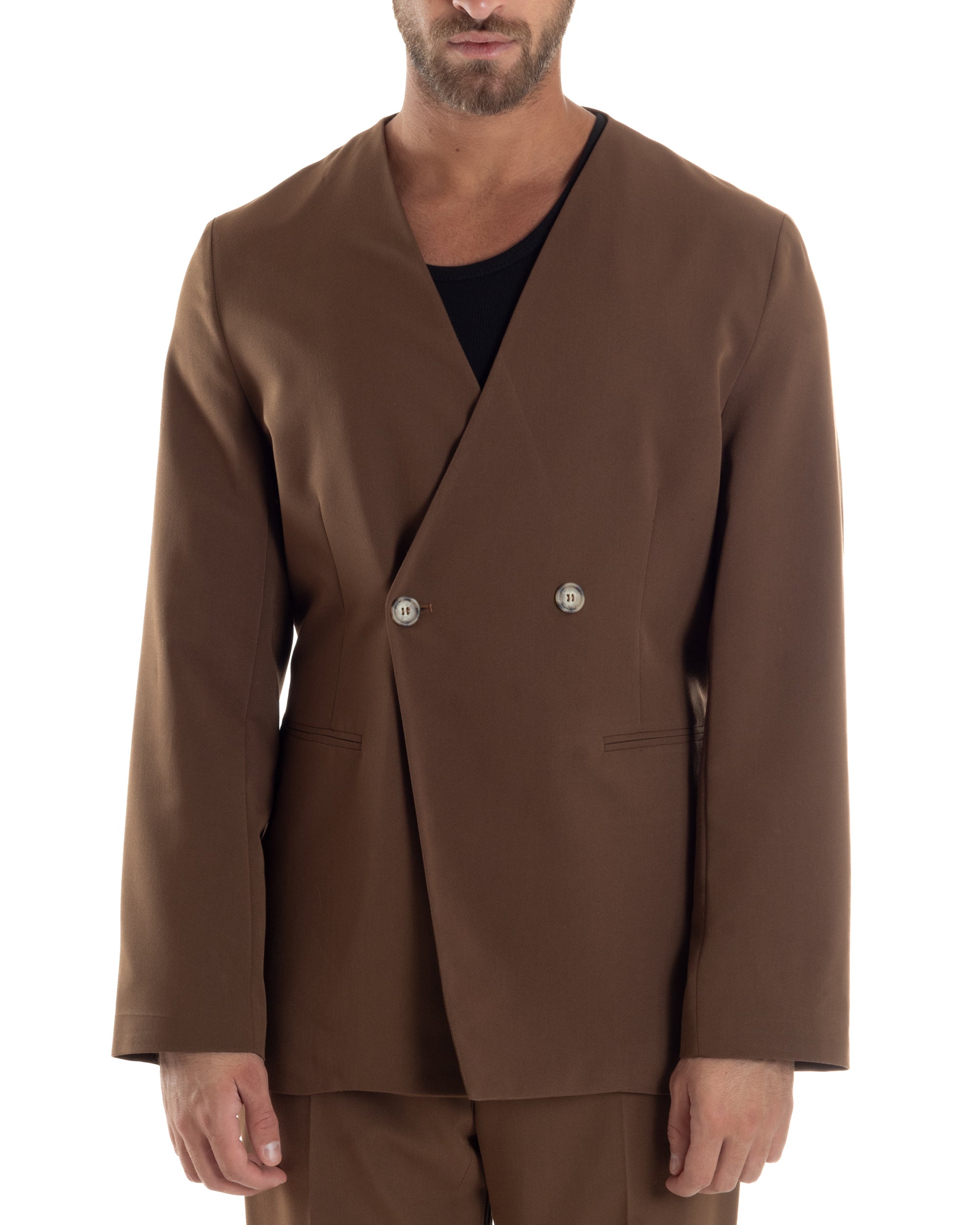 Giacca Doppiopetto Uomo Viscosa Senza Rever Relaxed Fit Casual Tinta Unita Marrone GIOSAL-G3297A