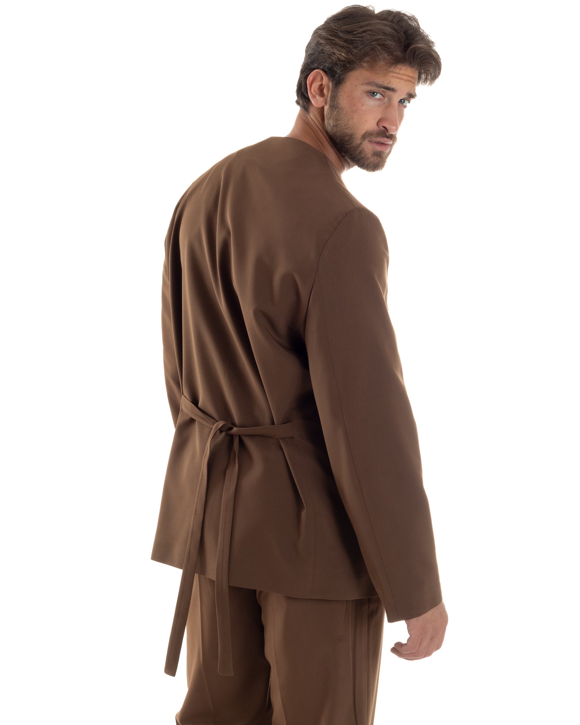 Giacca Doppiopetto Uomo Viscosa Senza Rever Relaxed Fit Casual Tinta Unita Marrone GIOSAL-G3297A