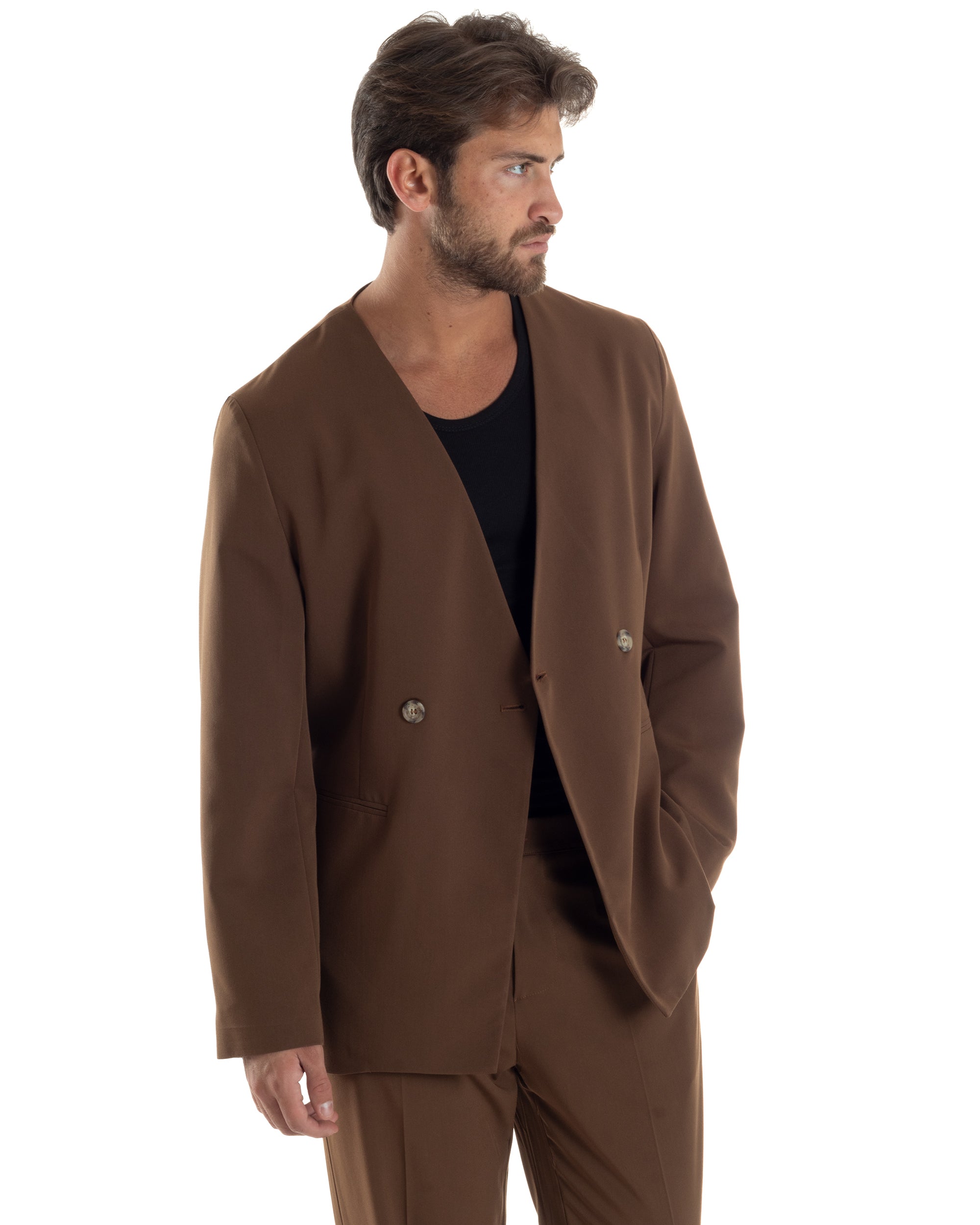 Giacca Doppiopetto Uomo Viscosa Senza Rever Relaxed Fit Casual Tinta Unita Marrone GIOSAL-G3297A