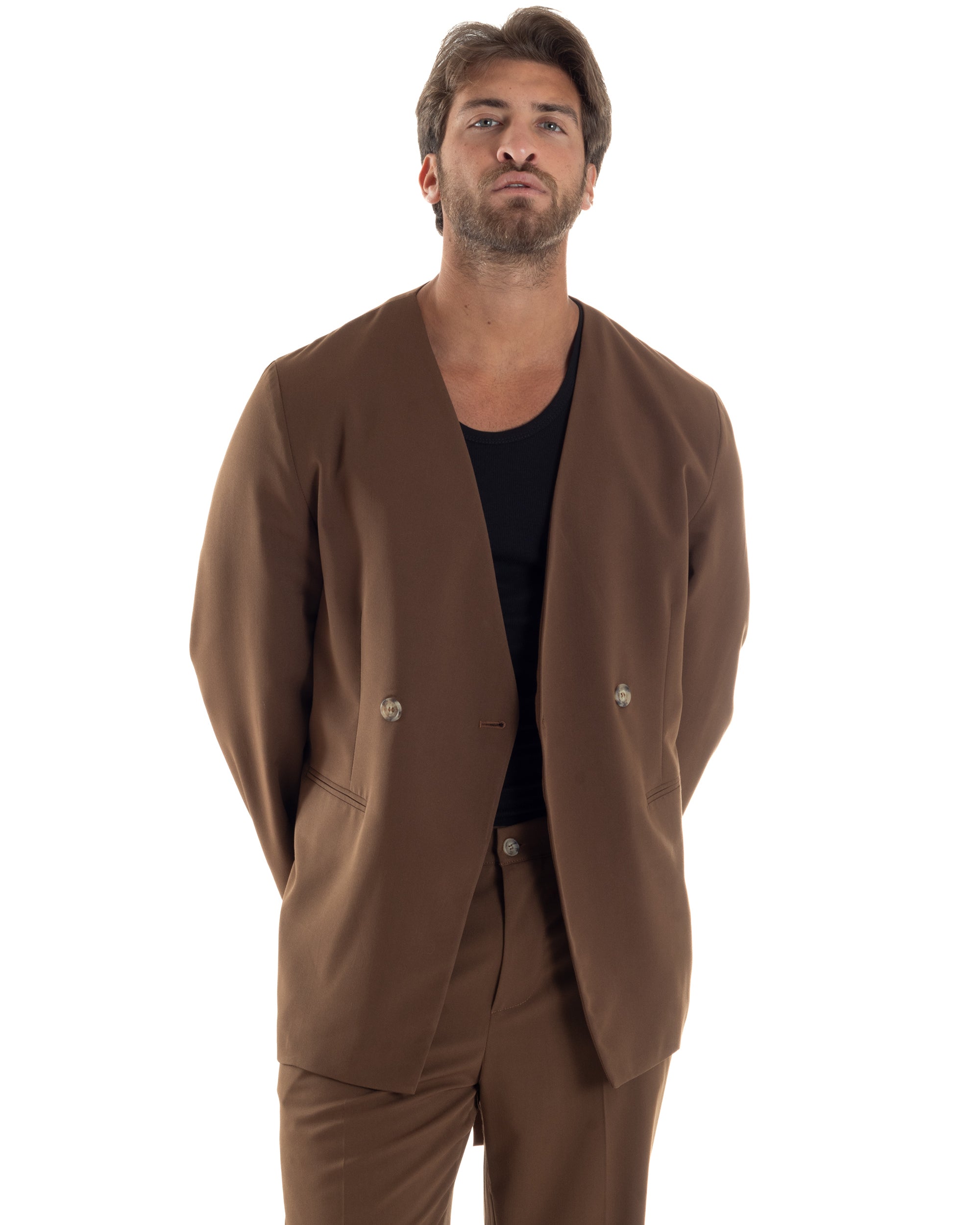 Giacca Doppiopetto Uomo Viscosa Senza Rever Relaxed Fit Casual Tinta Unita Marrone GIOSAL-G3297A