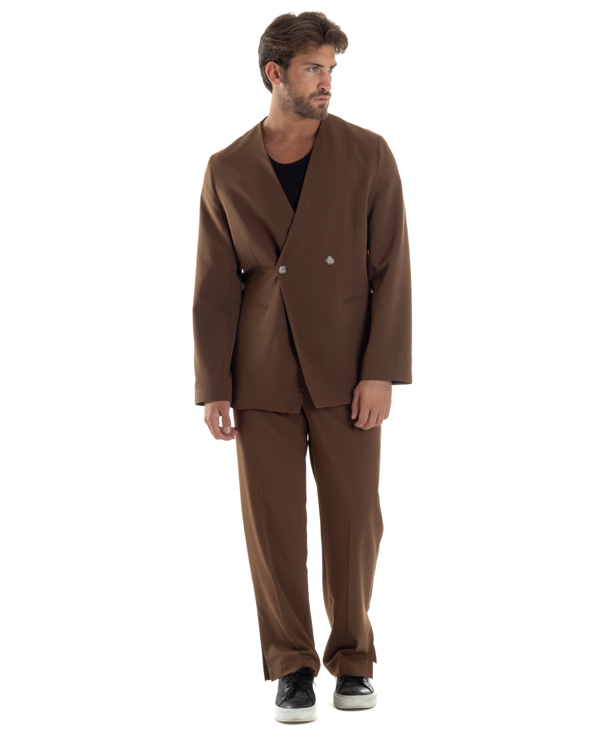 Giacca Doppiopetto Uomo Viscosa Senza Rever Relaxed Fit Casual Tinta Unita Marrone GIOSAL-G3297A