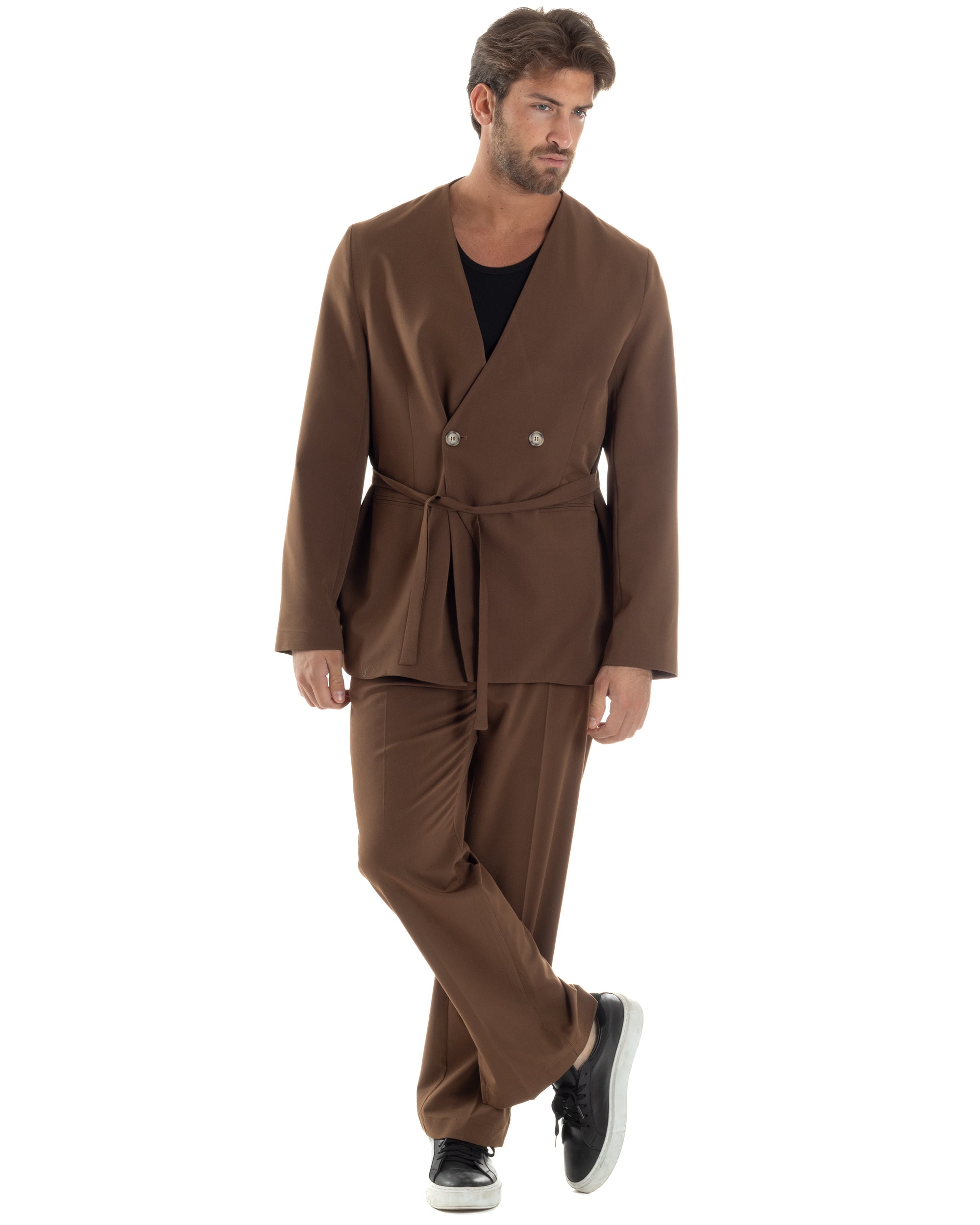 Giacca Doppiopetto Uomo Viscosa Senza Rever Relaxed Fit Casual Tinta Unita Marrone GIOSAL-G3297A