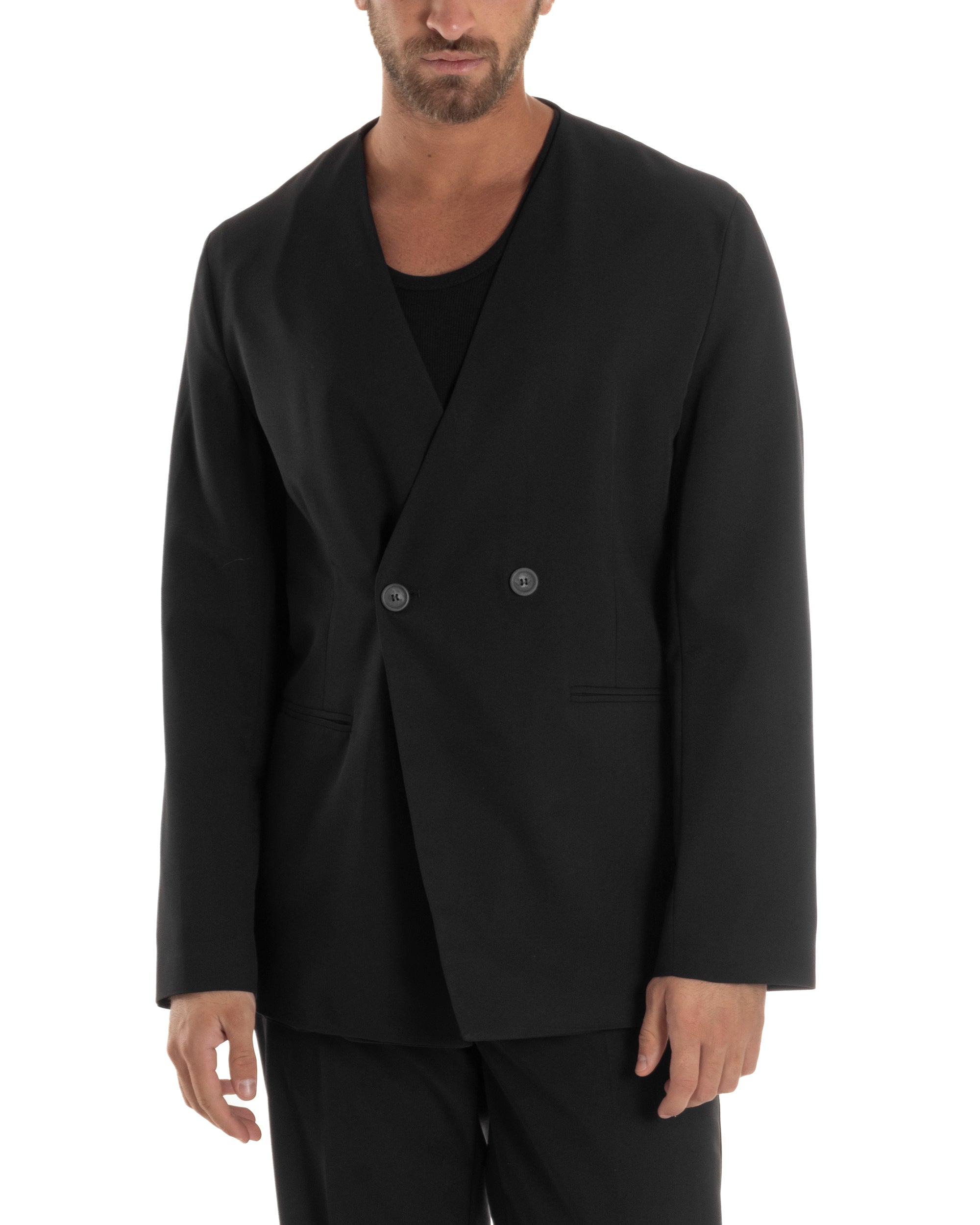 Giacca Doppiopetto Uomo Viscosa Senza Rever Relaxed Fit Casual Tinta Unita Nero GIOSAL-G3298A