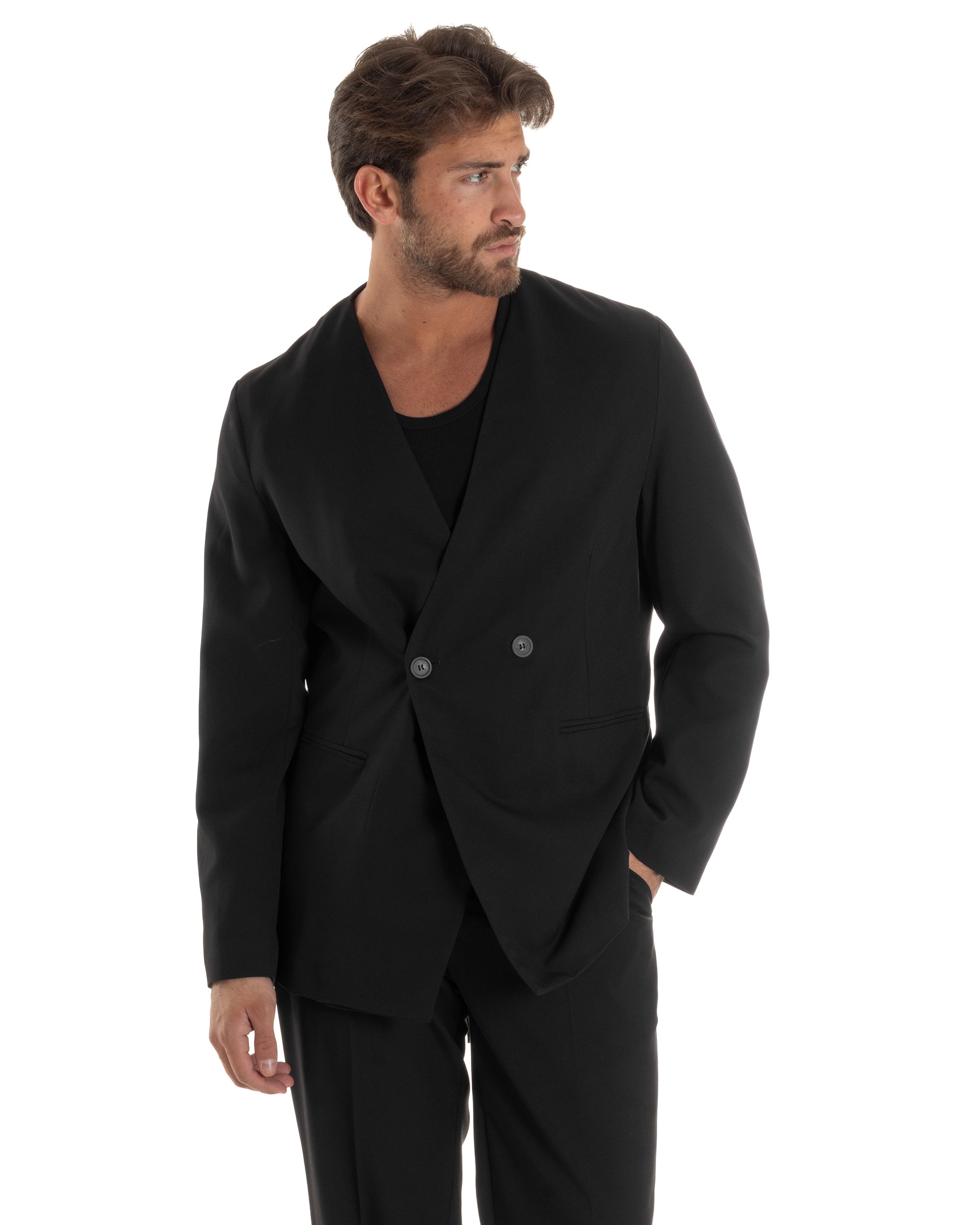 Giacca Doppiopetto Uomo Viscosa Senza Rever Relaxed Fit Casual Tinta Unita Nero GIOSAL-G3298A