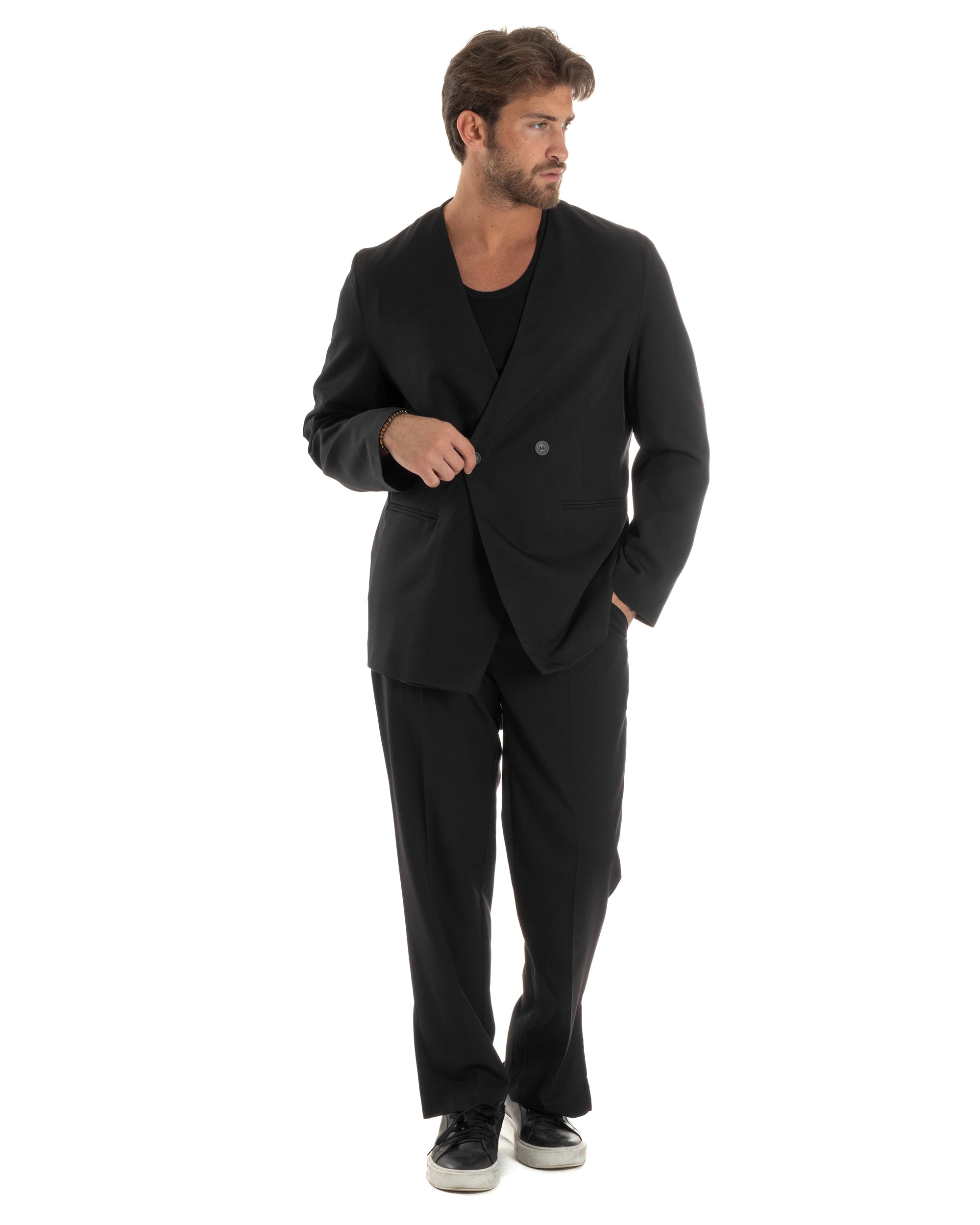 Giacca Doppiopetto Uomo Viscosa Senza Rever Relaxed Fit Casual Tinta Unita Nero GIOSAL-G3298A