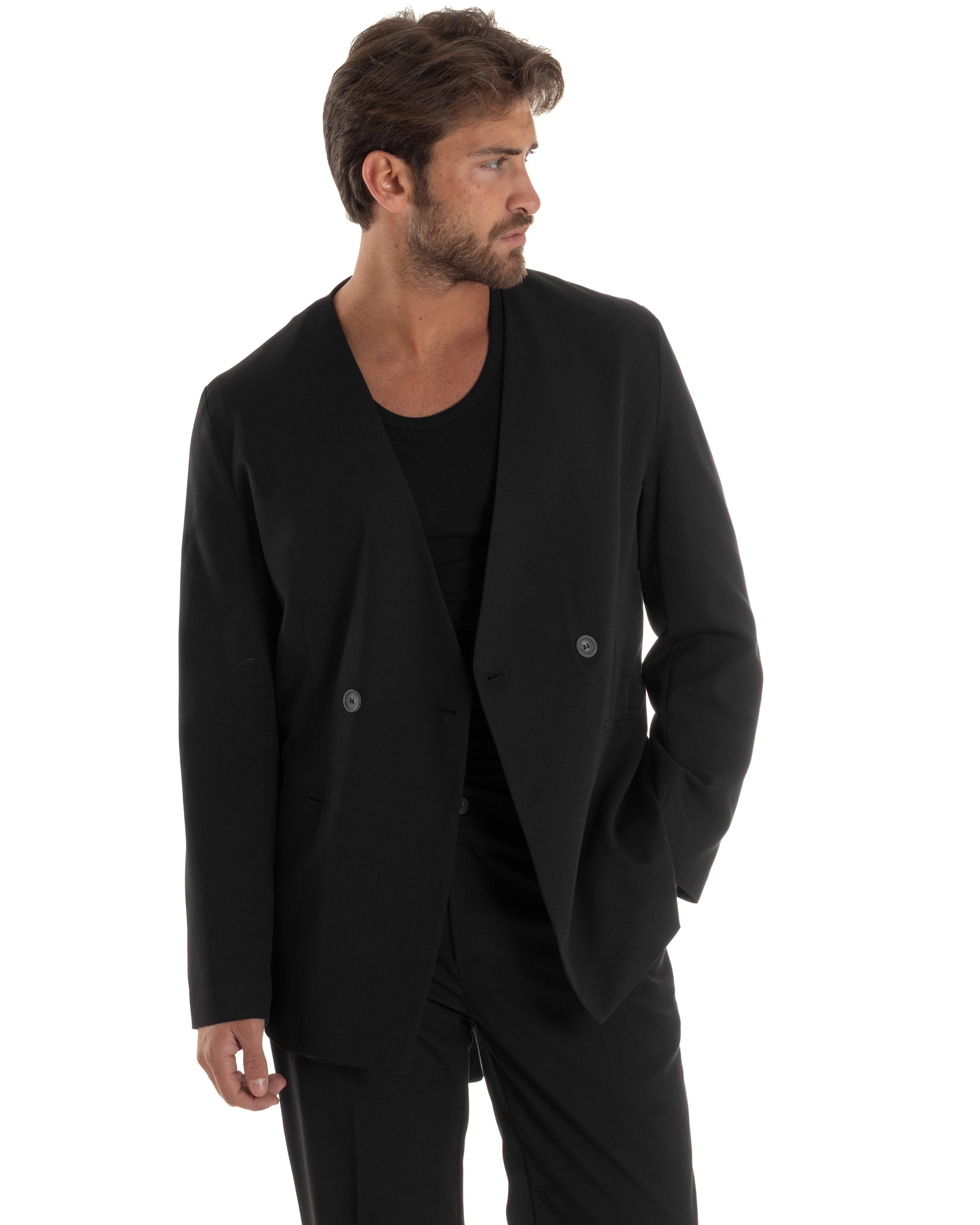 Giacca Doppiopetto Uomo Viscosa Senza Rever Relaxed Fit Casual Tinta Unita Nero GIOSAL-G3298A