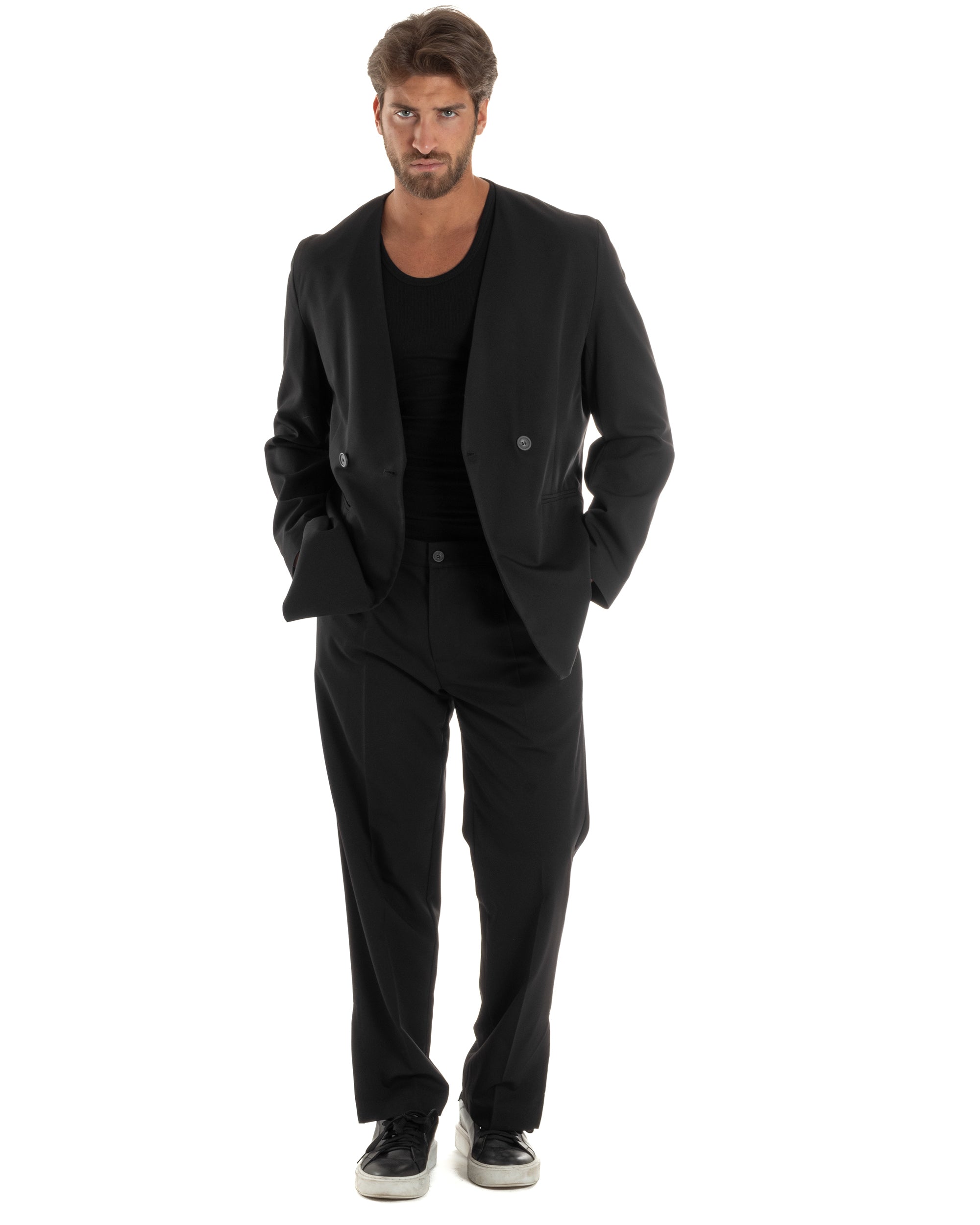 Giacca Doppiopetto Uomo Viscosa Senza Rever Relaxed Fit Casual Tinta Unita Nero GIOSAL-G3298A