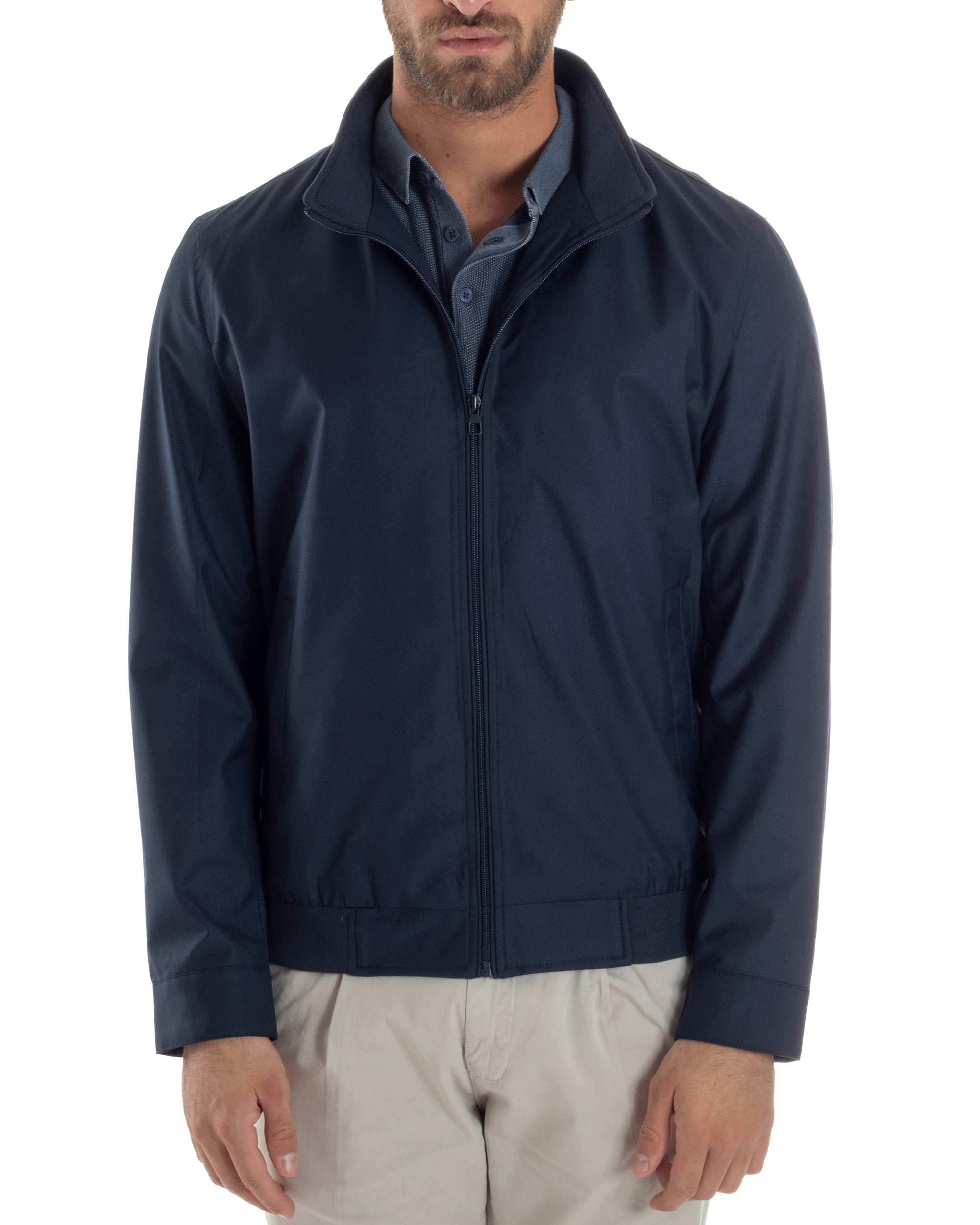 Giubbotto Uomo Giacca Leggera Tessuto Tecnico No Stiro College Impermeabile Con Zip Blu Casual GIOSAL-G3299A