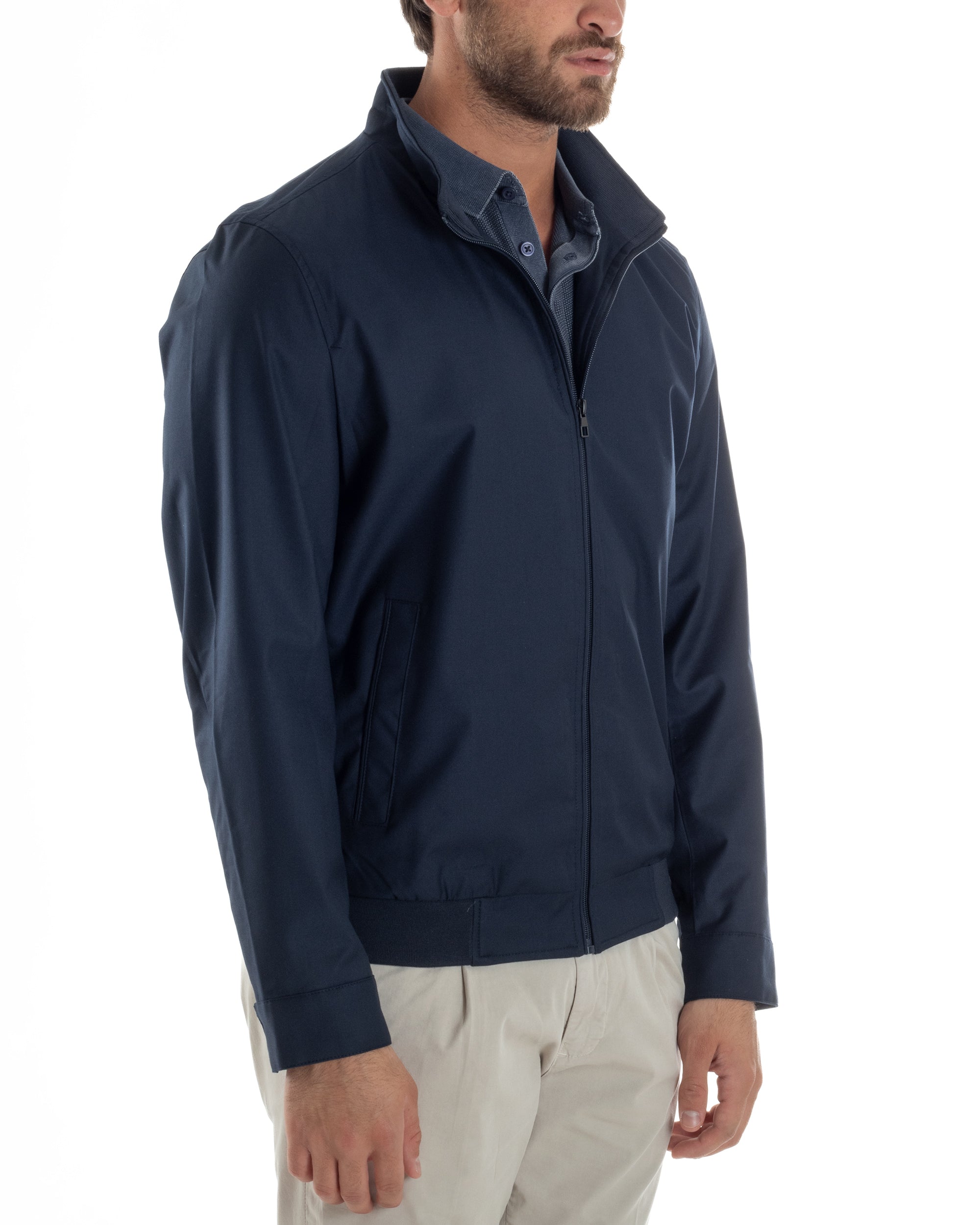 Giubbotto Uomo Giacca Leggera Tessuto Tecnico No Stiro College Impermeabile Con Zip Blu Casual GIOSAL-G3299A