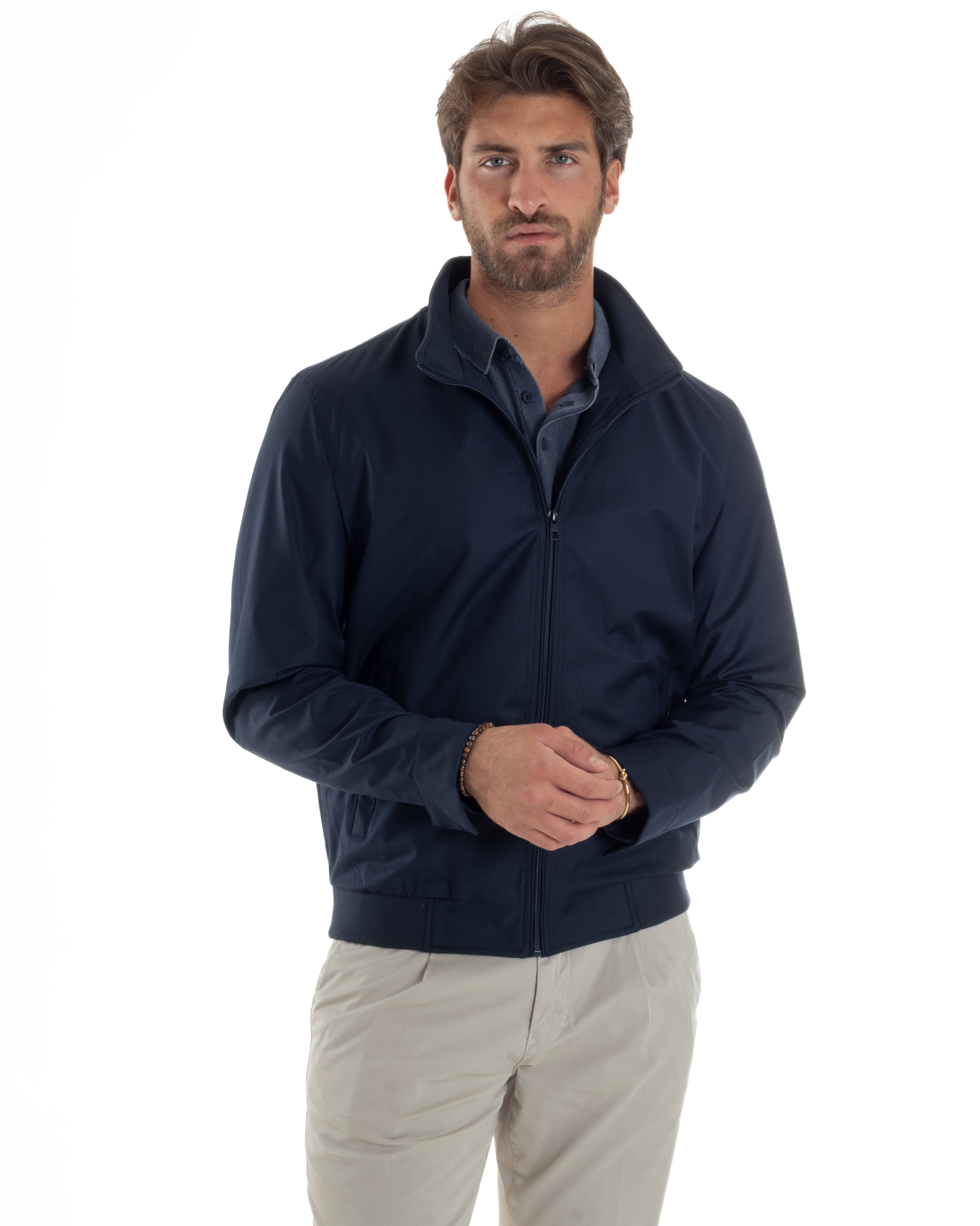 Giubbotto Uomo Giacca Leggera Tessuto Tecnico No Stiro College Impermeabile Con Zip Blu Casual GIOSAL-G3299A