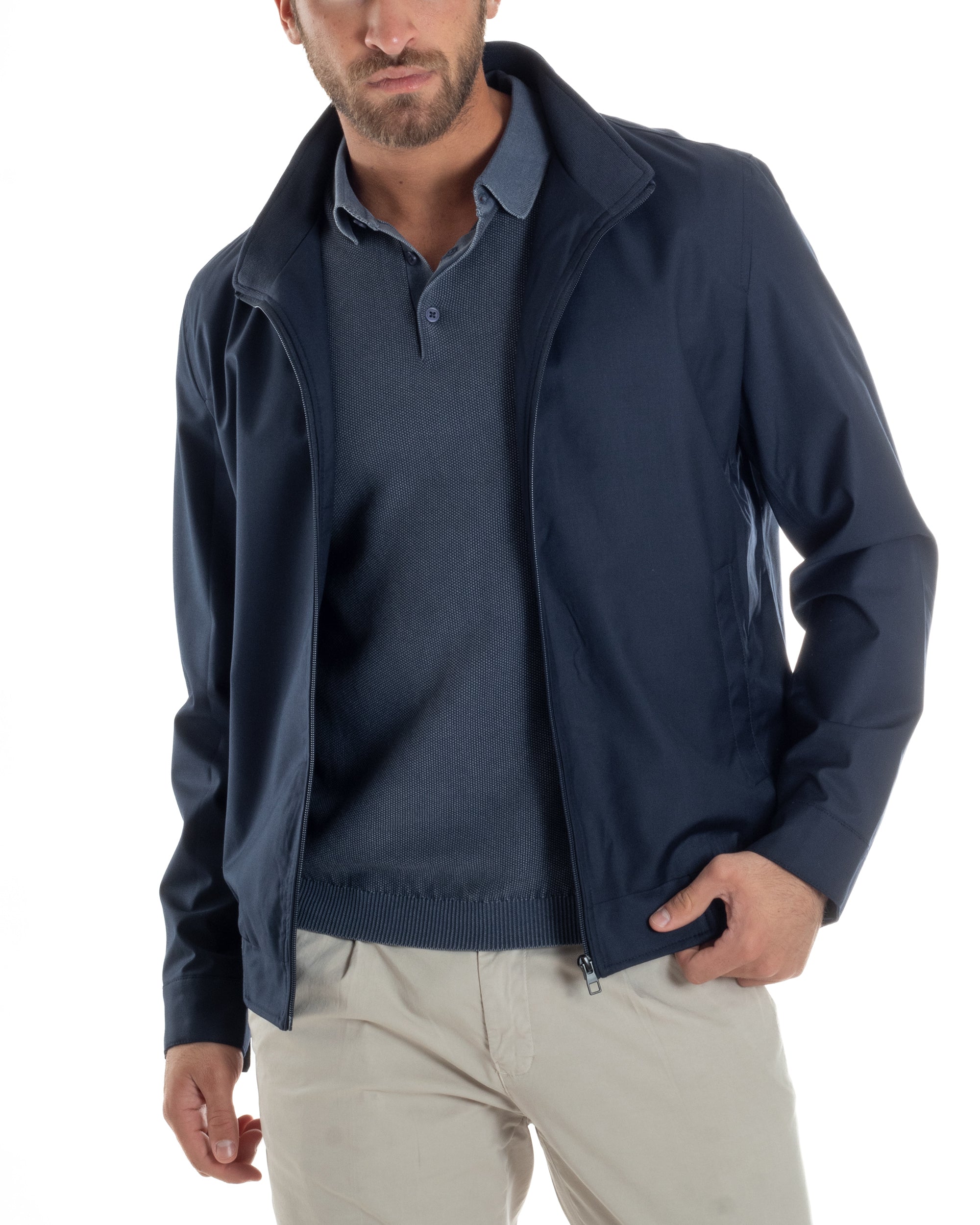 Giubbotto Uomo Giacca Leggera Tessuto Tecnico No Stiro College Impermeabile Con Zip Blu Casual GIOSAL-G3299A