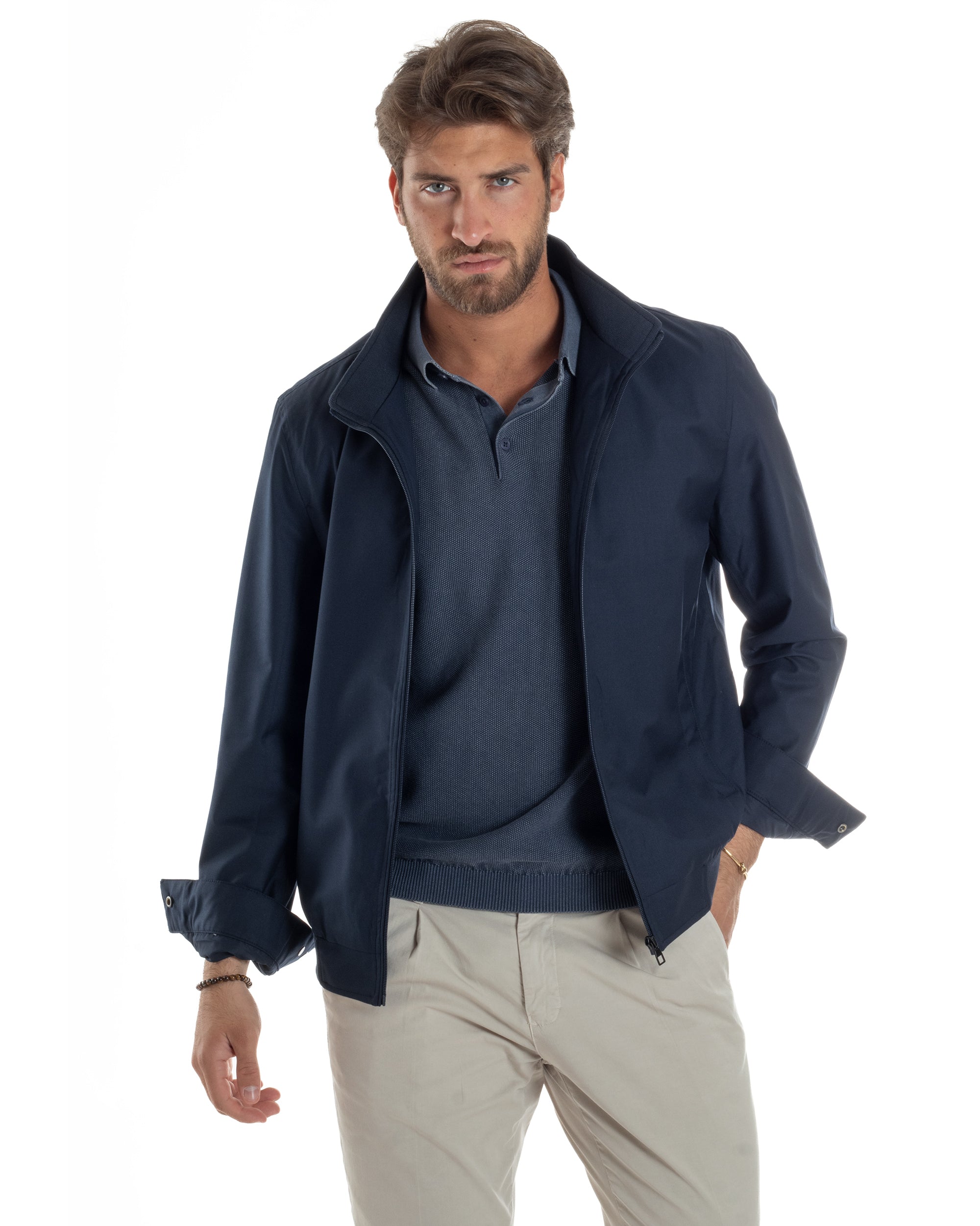 Giubbotto Uomo Giacca Leggera Tessuto Tecnico No Stiro College Impermeabile Con Zip Blu Casual GIOSAL-G3299A