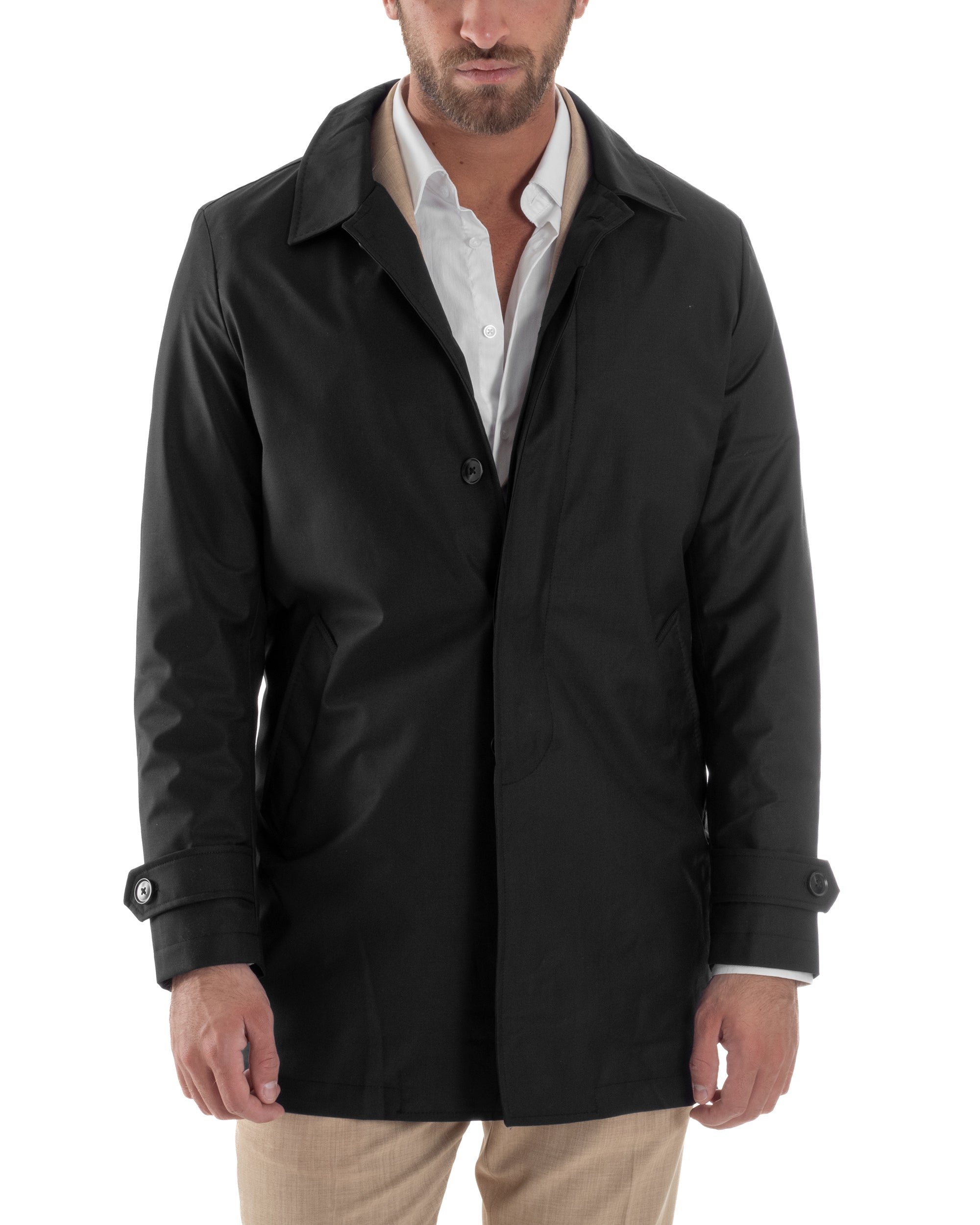 Men's Long Trench Coat Jacket With Collar Waterproof Fabric Black GIOSAL-G3159A