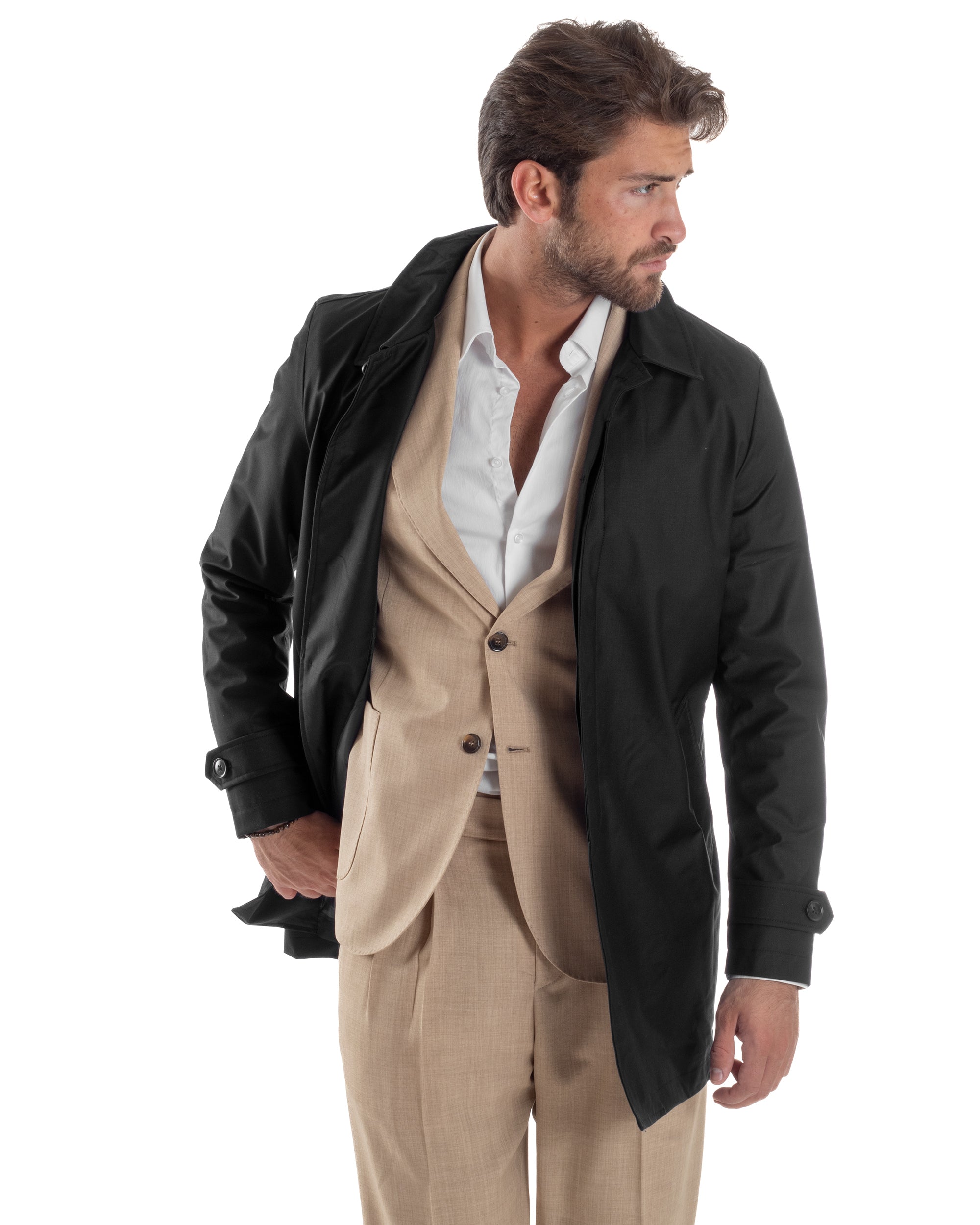 Giubbotto Uomo Trench Lungo Leggero Giacca Impermeabile Con Colletto Bottoni Tessuto Tecnico No Stiro Tinta Unita Nero GIOSAL-G3300A