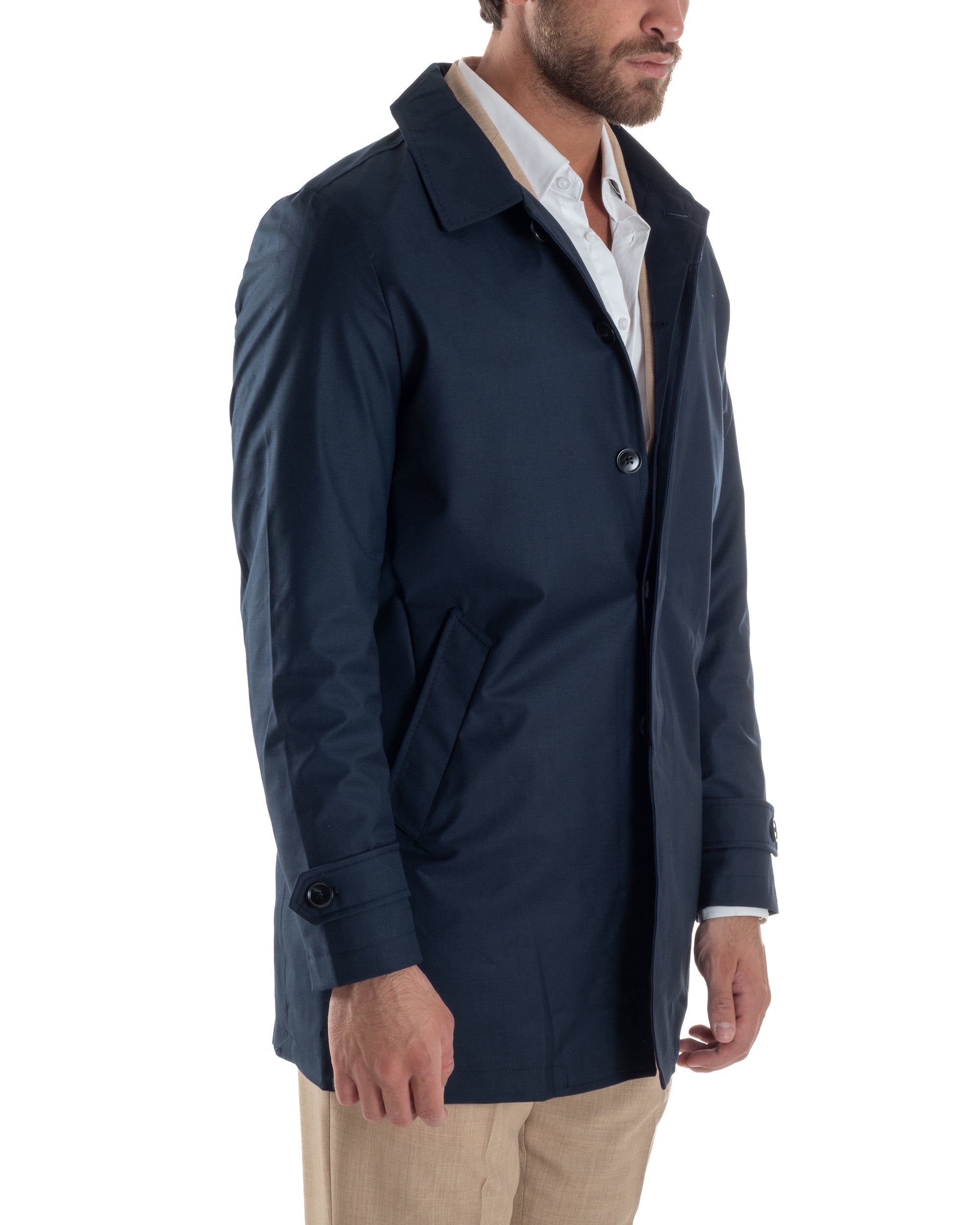 Giubbotto Uomo Trench Lungo Leggero Giacca Impermeabile Con Colletto Bottoni Tessuto Tecnico No Stiro Tinta Unita Blu GIOSAL-G3301A