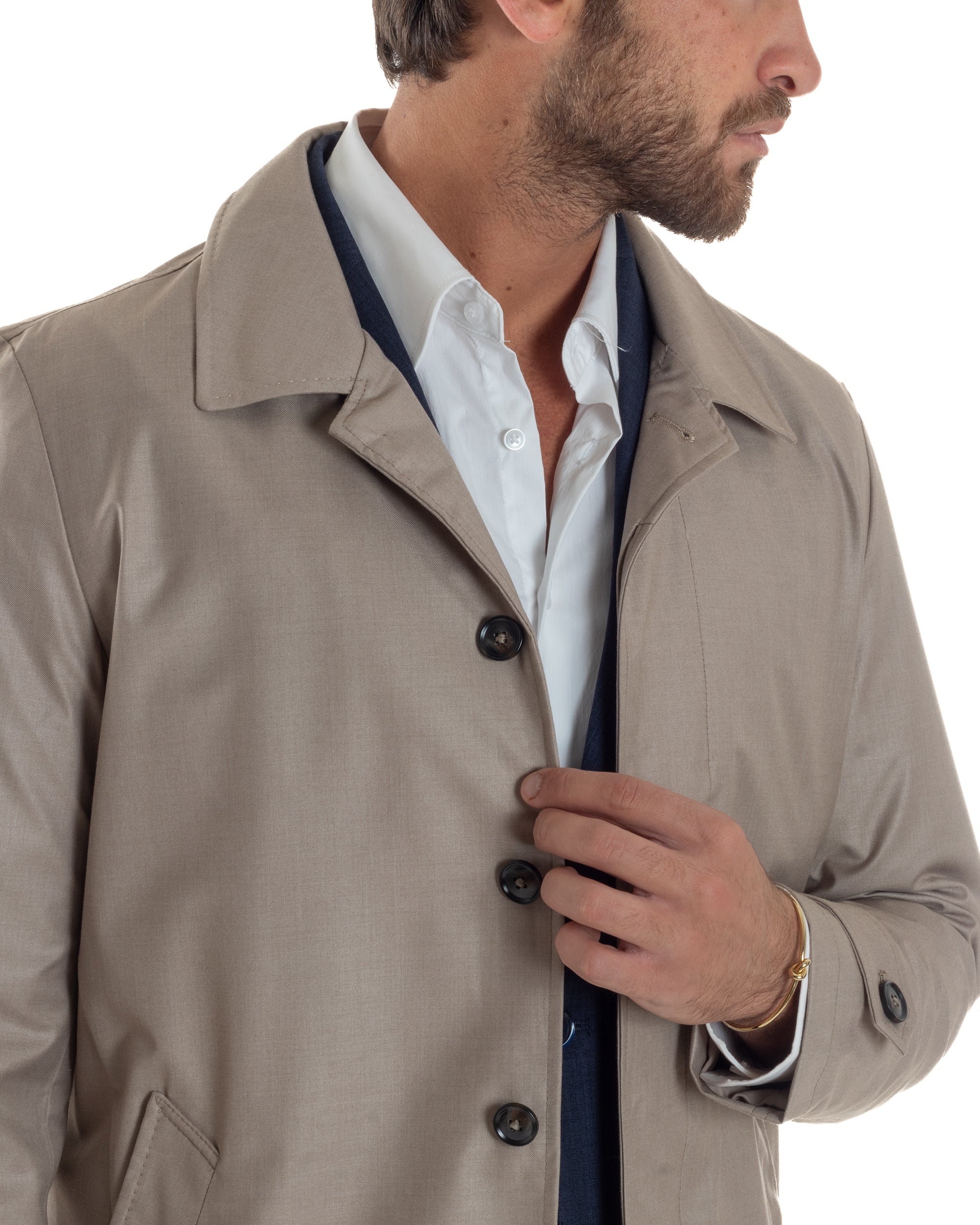 Giubbotto Uomo Trench Leggero Giacca Impermeabile Tessuto Tecnico No Stiro Beige G3302A