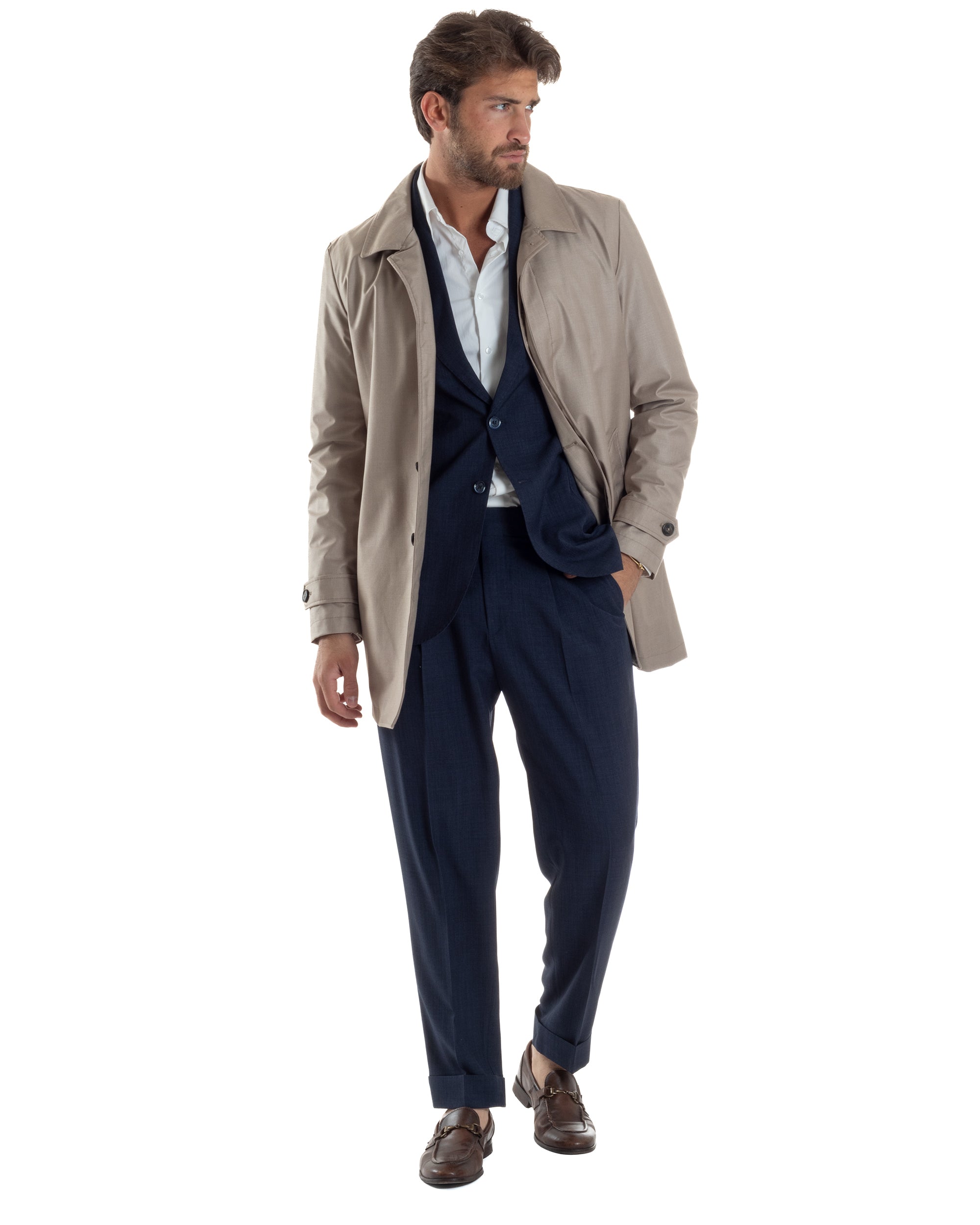 Giubbotto Uomo Trench Leggero Giacca Impermeabile Tessuto Tecnico No Stiro Beige G3302A
