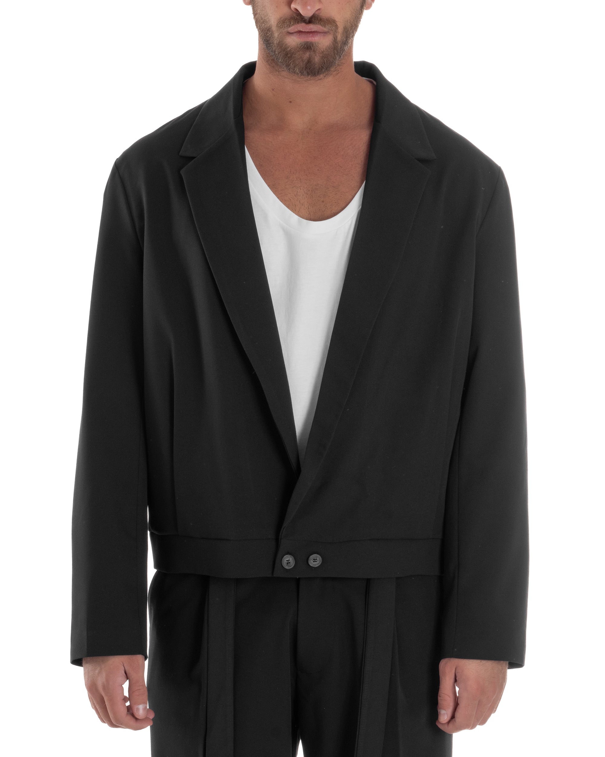 Giacca Monopetto Uomo Viscosa Scollata Cropped Relaxed Fit Casual Tinta Unita Nero GIOSAL-G3303A