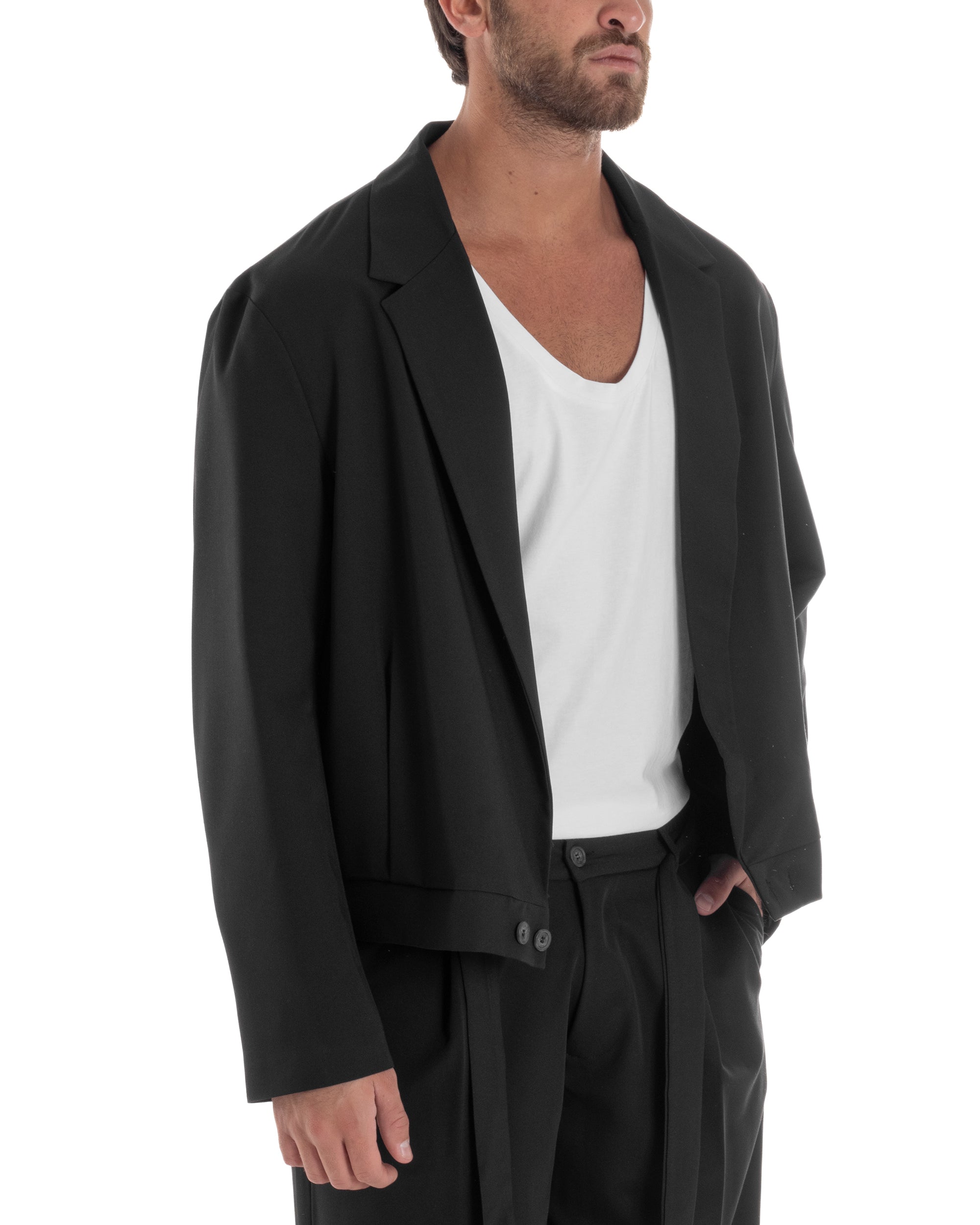 Giacca Monopetto Uomo Viscosa Scollata Cropped Relaxed Fit Casual Tinta Unita Nero GIOSAL-G3303A