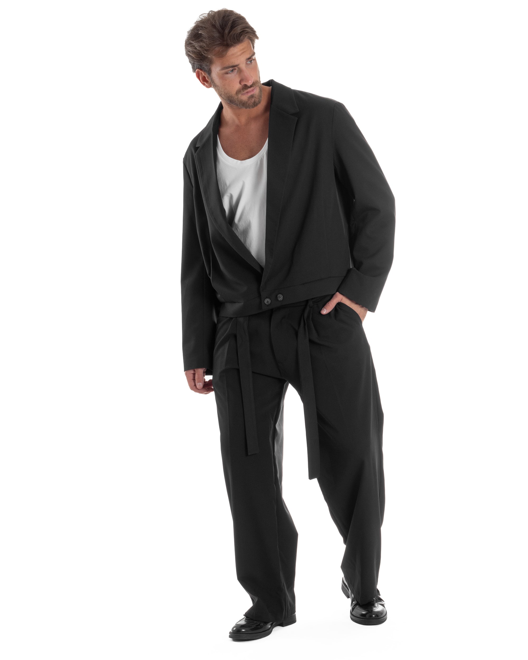 Giacca Monopetto Uomo Viscosa Scollata Cropped Relaxed Fit Casual Tinta Unita Nero GIOSAL-G3303A