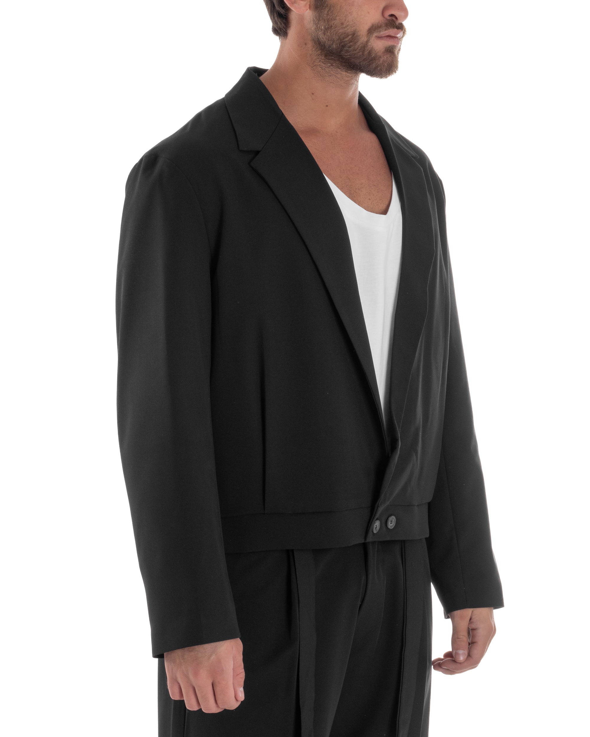 Giacca Monopetto Uomo Viscosa Scollata Cropped Relaxed Fit Casual Tinta Unita Nero GIOSAL-G3303A