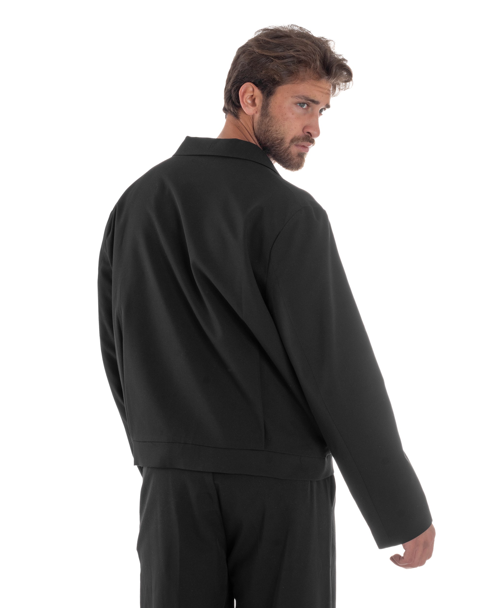 Giacca Monopetto Uomo Viscosa Scollata Cropped Relaxed Fit Casual Tinta Unita Nero GIOSAL-G3303A