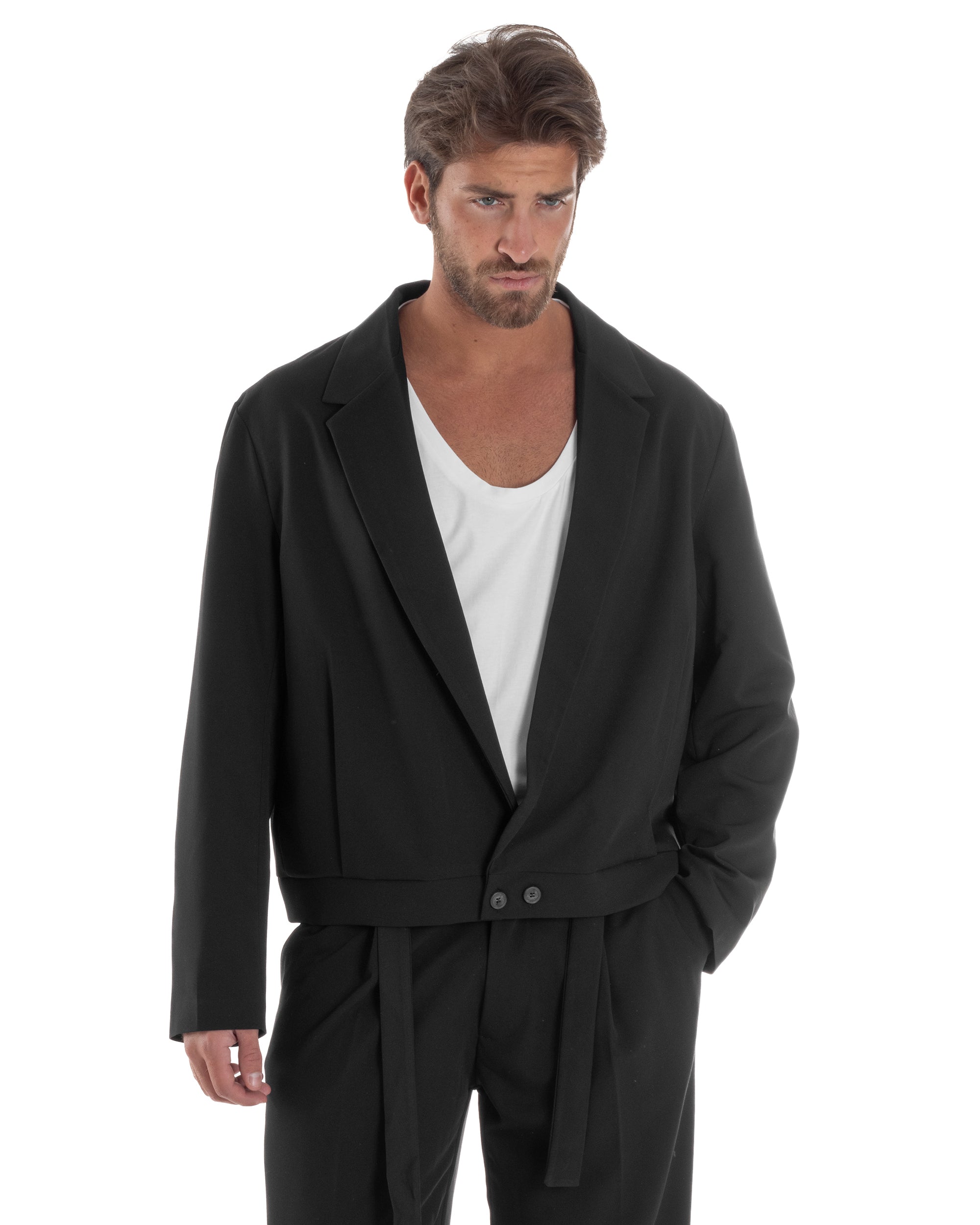 Giacca Monopetto Uomo Viscosa Scollata Cropped Relaxed Fit Casual Tinta Unita Nero GIOSAL-G3303A