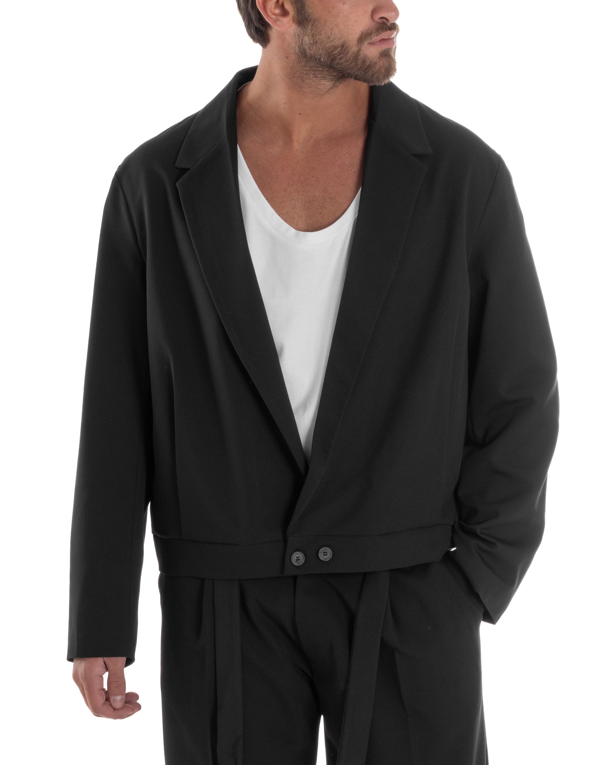 Giacca Monopetto Uomo Viscosa Scollata Cropped Relaxed Fit Casual Tinta Unita Nero GIOSAL-G3303A