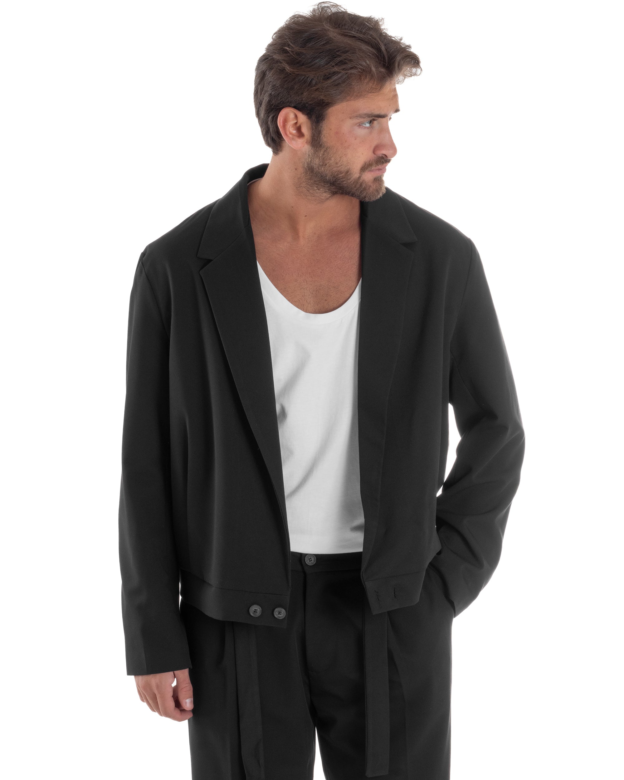 Giacca Monopetto Uomo Viscosa Scollata Cropped Relaxed Fit Casual Tinta Unita Nero GIOSAL-G3303A