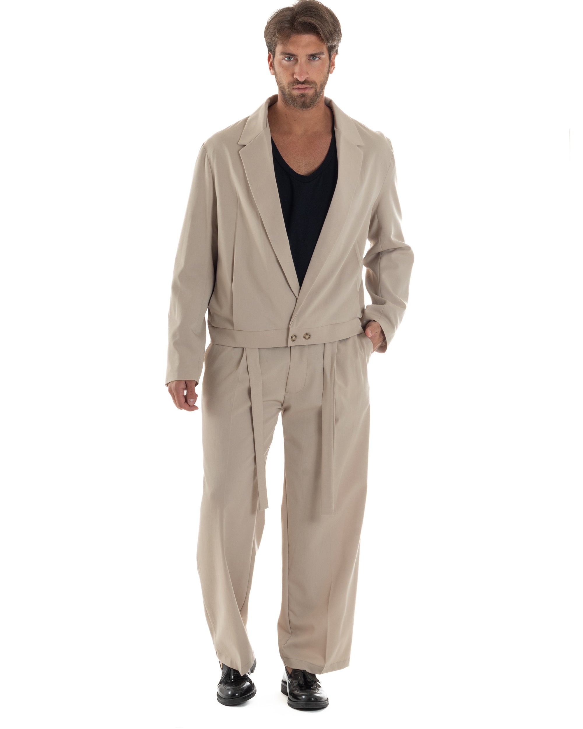 Giacca Monopetto Uomo Viscosa Scollata Cropped Relaxed Fit Casual Tinta Unita Beige GIOSAL-G3304A