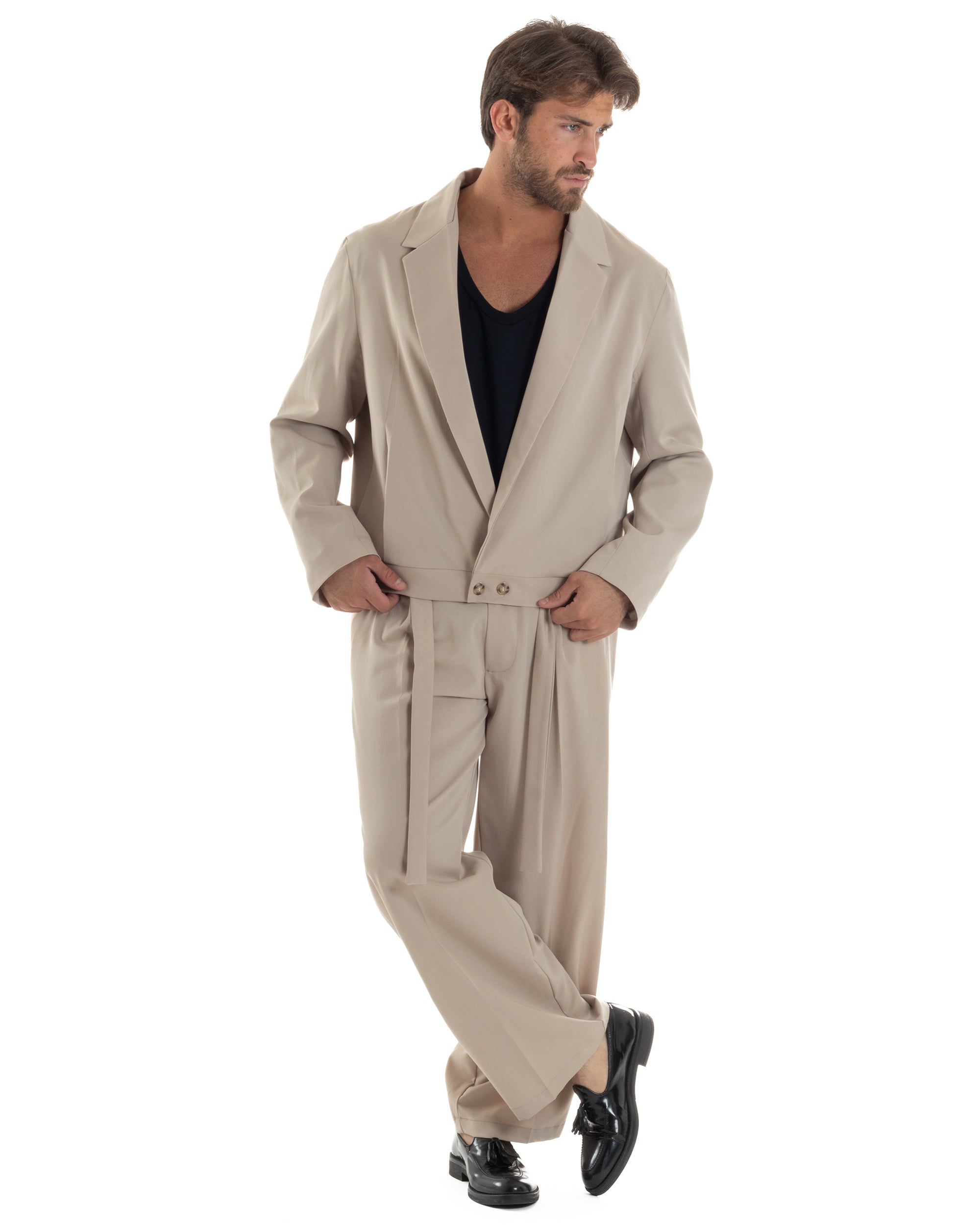 Giacca Monopetto Uomo Viscosa Scollata Cropped Relaxed Fit Casual Tinta Unita Beige GIOSAL-G3304A