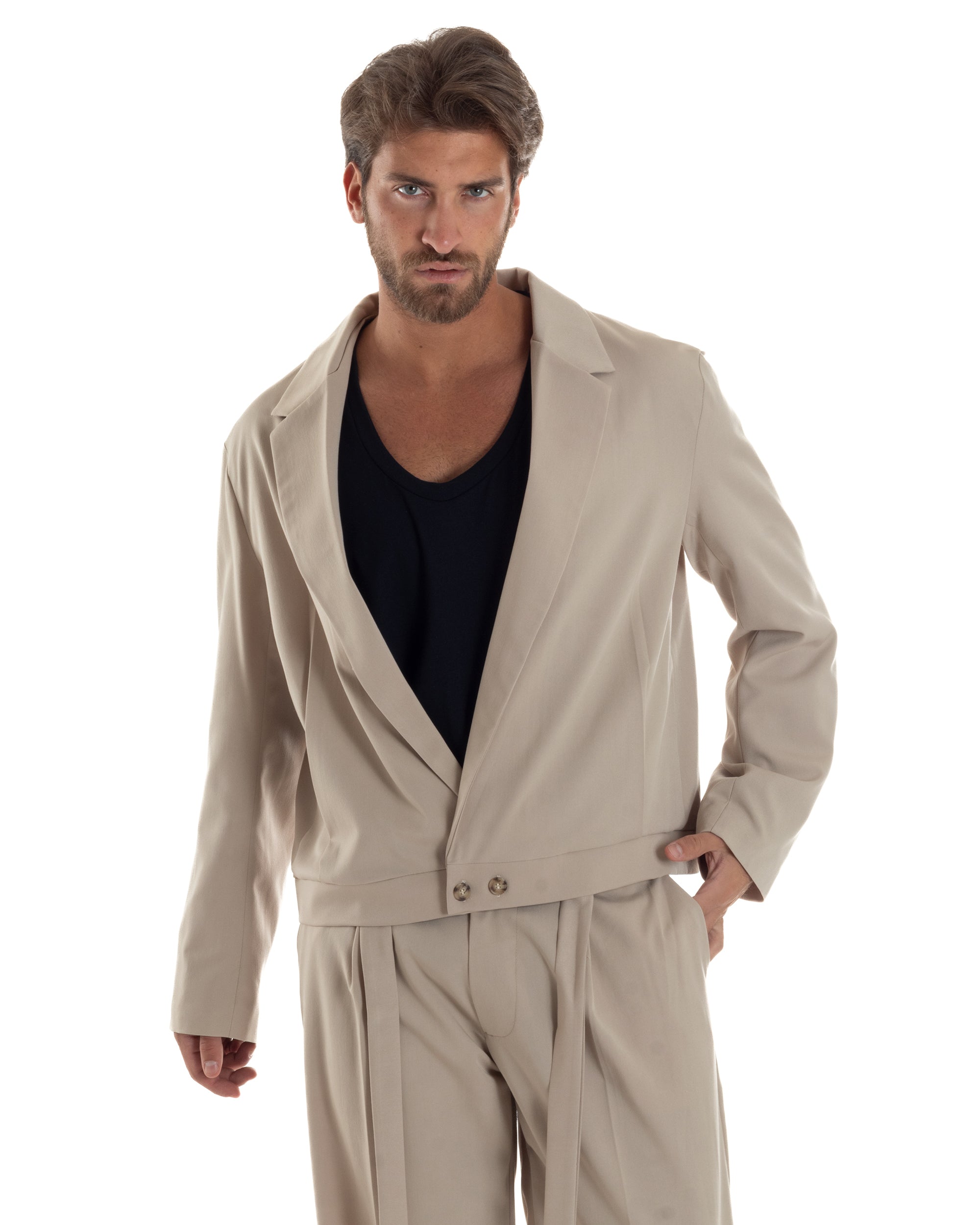 Giacca Monopetto Uomo Viscosa Scollata Cropped Relaxed Fit Casual Tinta Unita Beige GIOSAL-G3304A