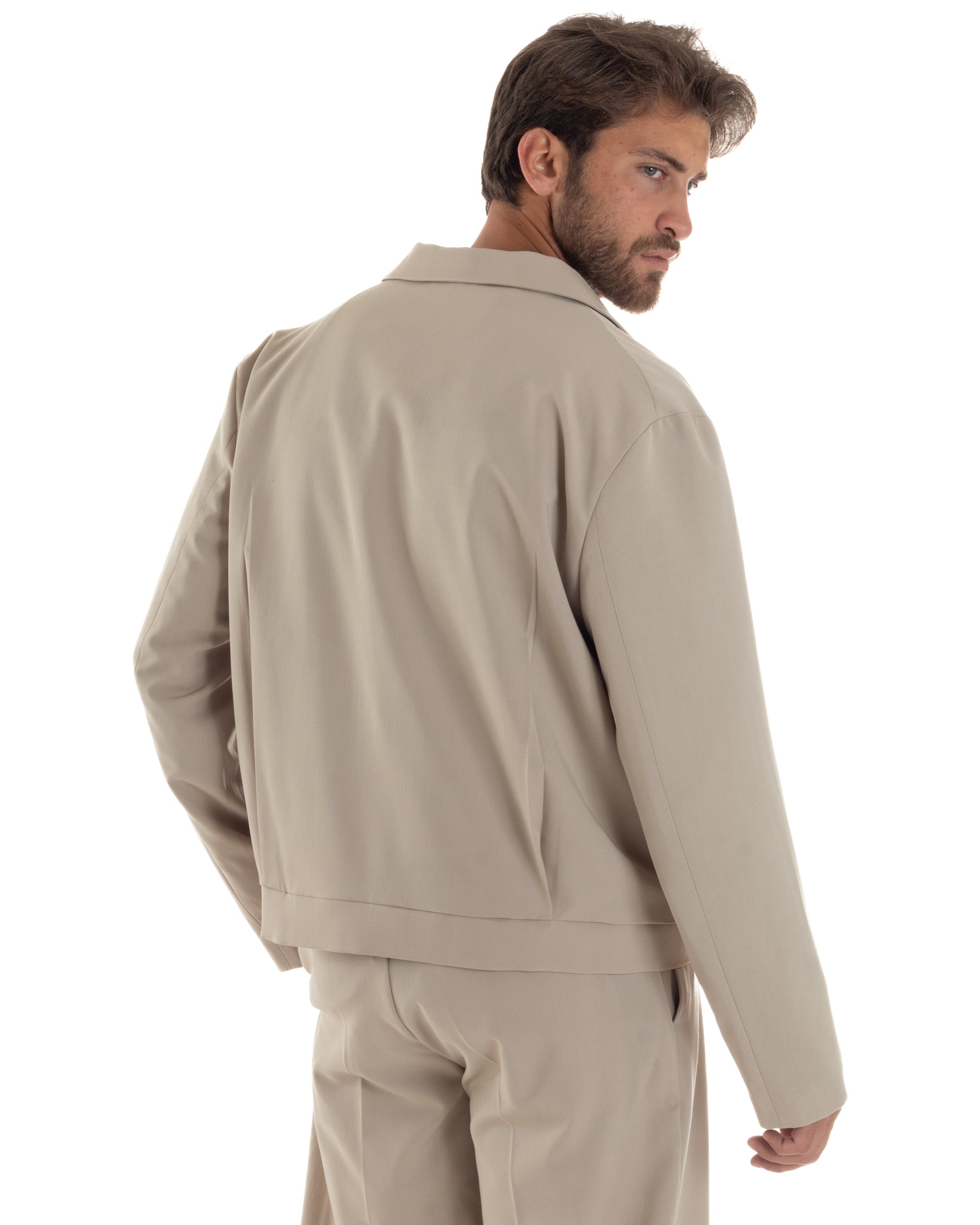 Giacca Monopetto Uomo Viscosa Scollata Cropped Relaxed Fit Casual Tinta Unita Beige GIOSAL-G3304A