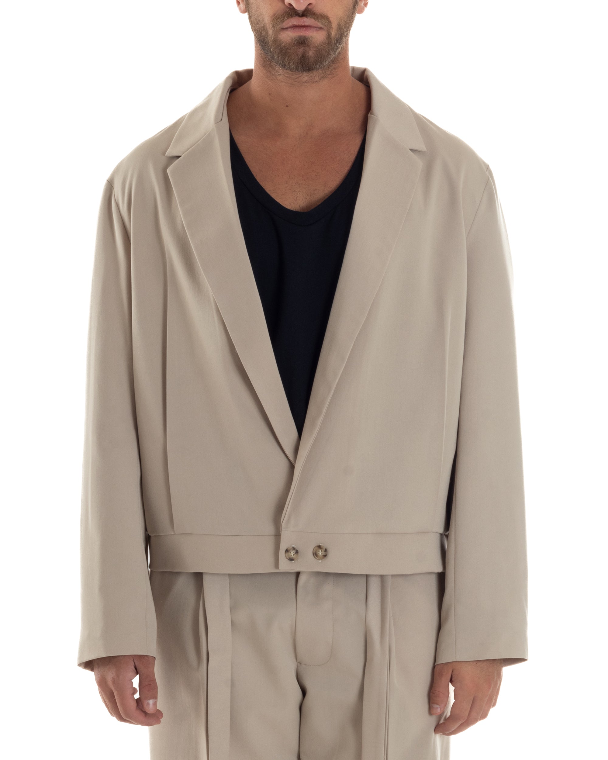 Giacca Monopetto Uomo Viscosa Scollata Cropped Relaxed Fit Casual Tinta Unita Beige GIOSAL-G3304A