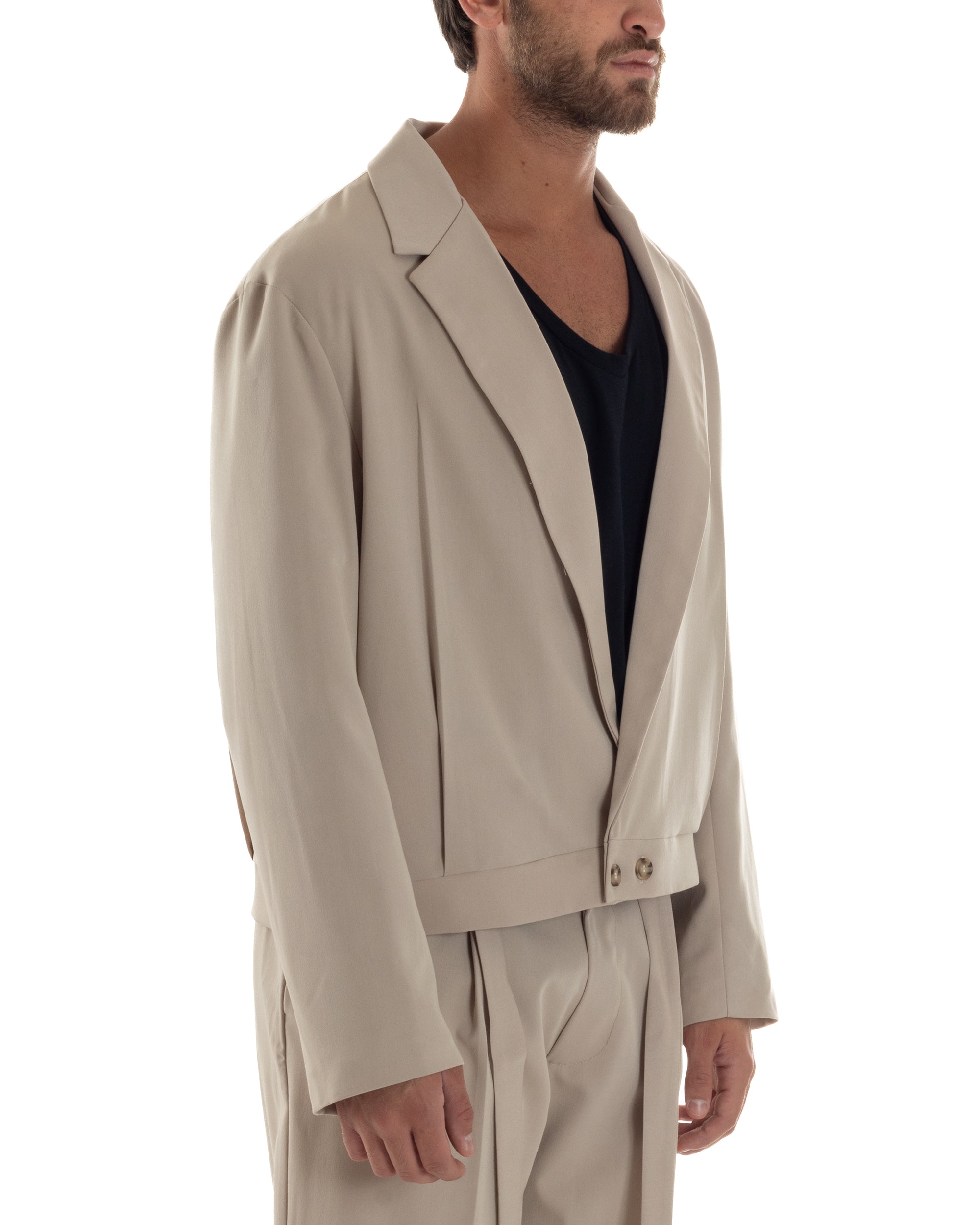 Giacca Monopetto Uomo Viscosa Scollata Cropped Relaxed Fit Casual Tinta Unita Beige GIOSAL-G3304A