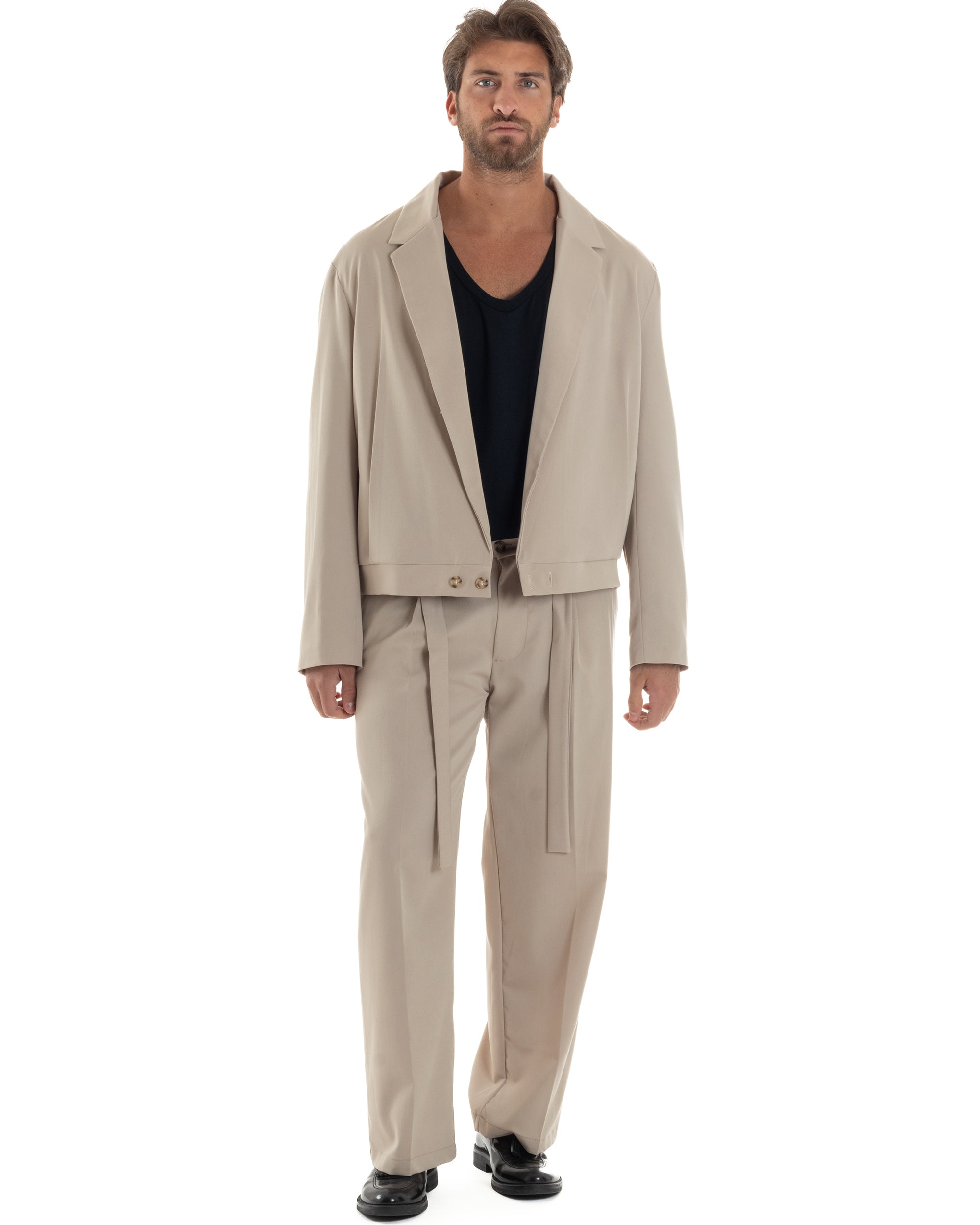 Giacca Monopetto Uomo Viscosa Scollata Cropped Relaxed Fit Casual Tinta Unita Beige GIOSAL-G3304A