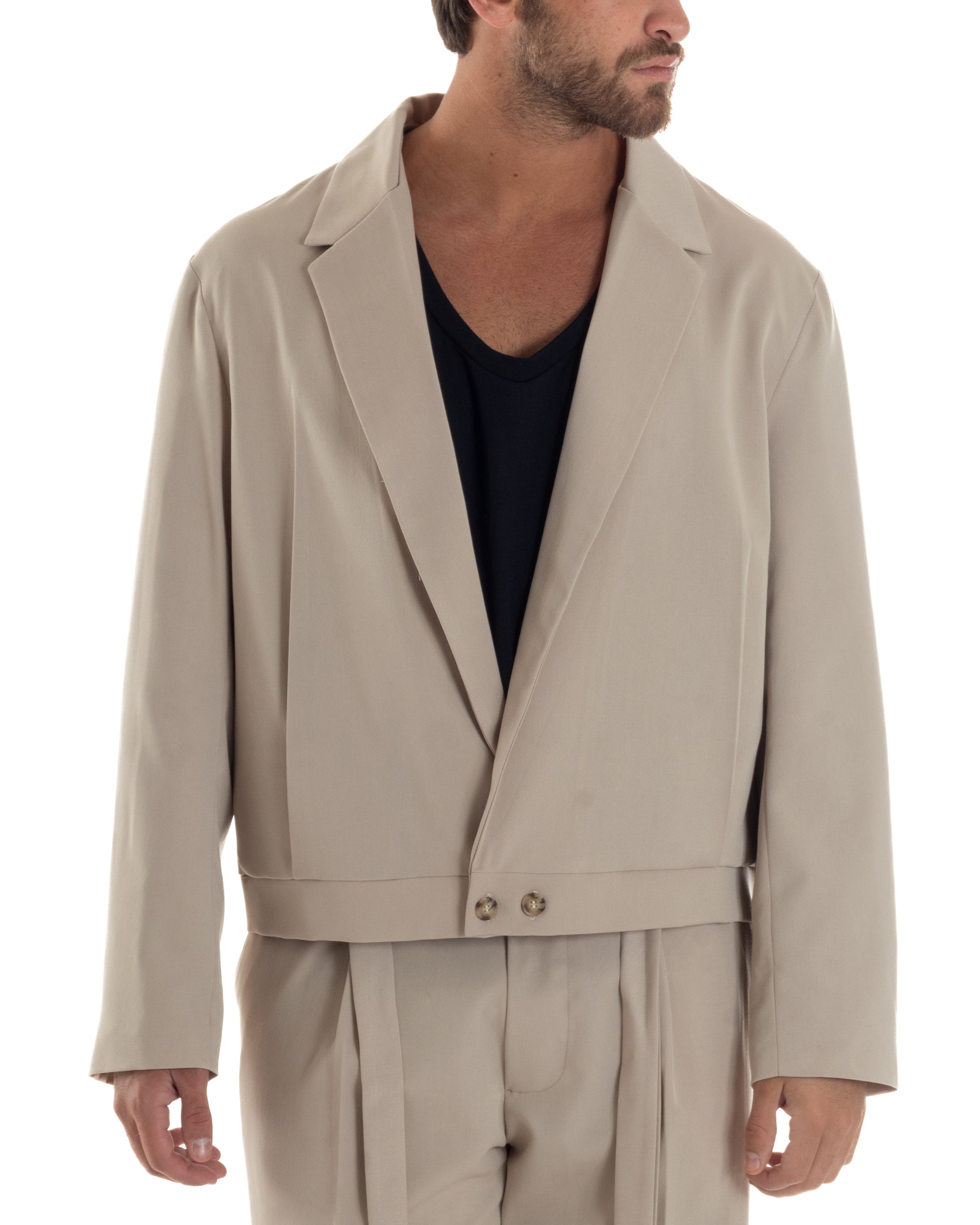 Giacca Monopetto Uomo Viscosa Scollata Cropped Relaxed Fit Casual Tinta Unita Beige GIOSAL-G3304A