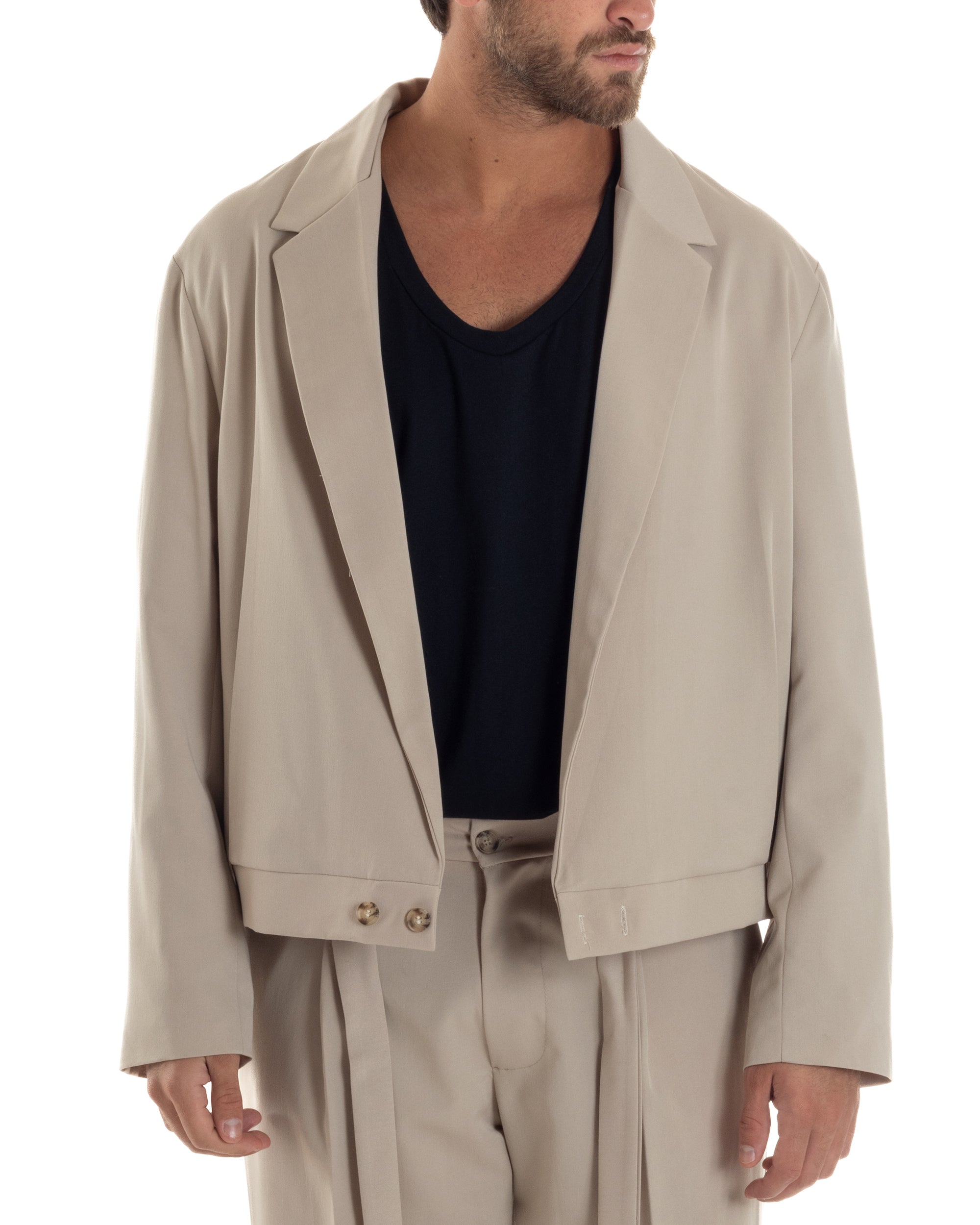 Giacca Monopetto Uomo Viscosa Scollata Cropped Relaxed Fit Casual Tinta Unita Beige GIOSAL-G3304A
