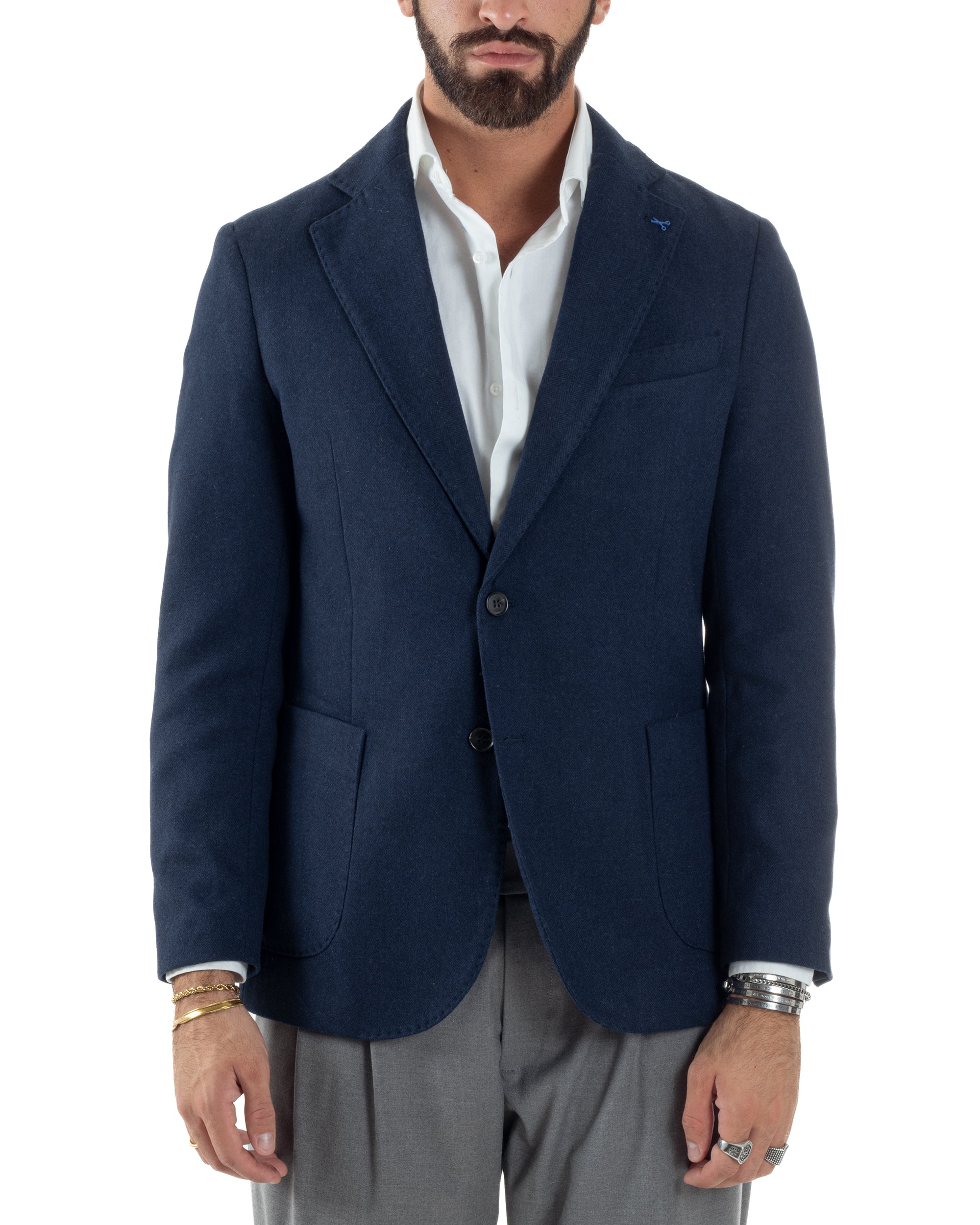 Giacca Uomo Lana Monopetto Spigata Tinta Unita Blu BZ1000A