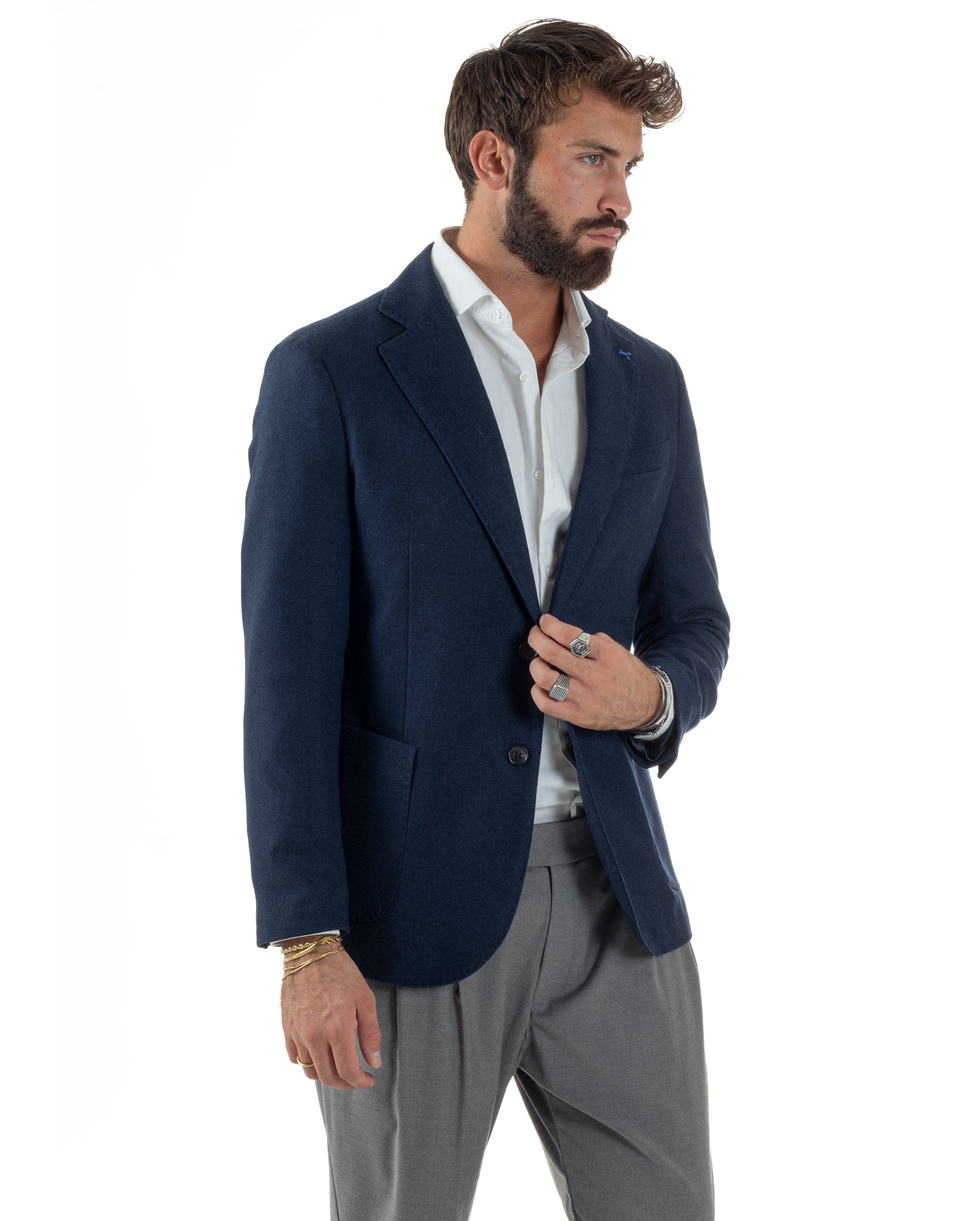 Giacca Uomo Lana Monopetto Spigata Tinta Unita Blu BZ1000A