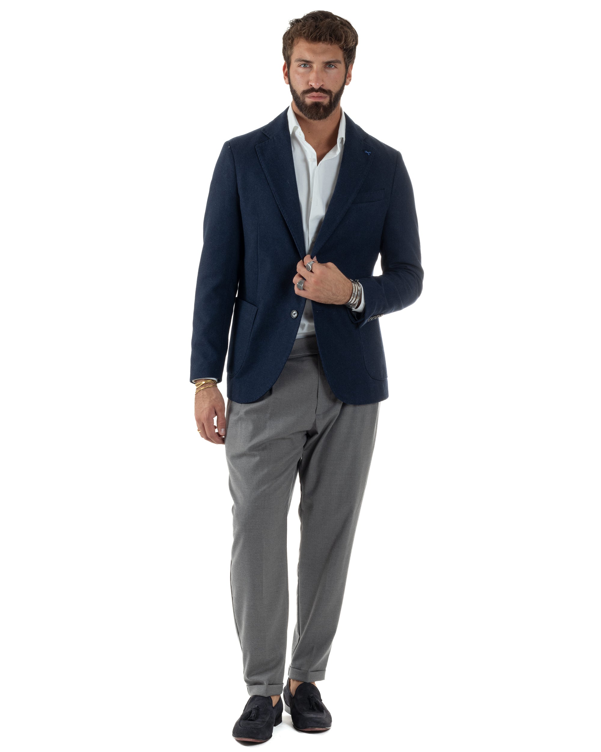 Giacca Uomo Lana Monopetto Spigata Tinta Unita Blu BZ1000A