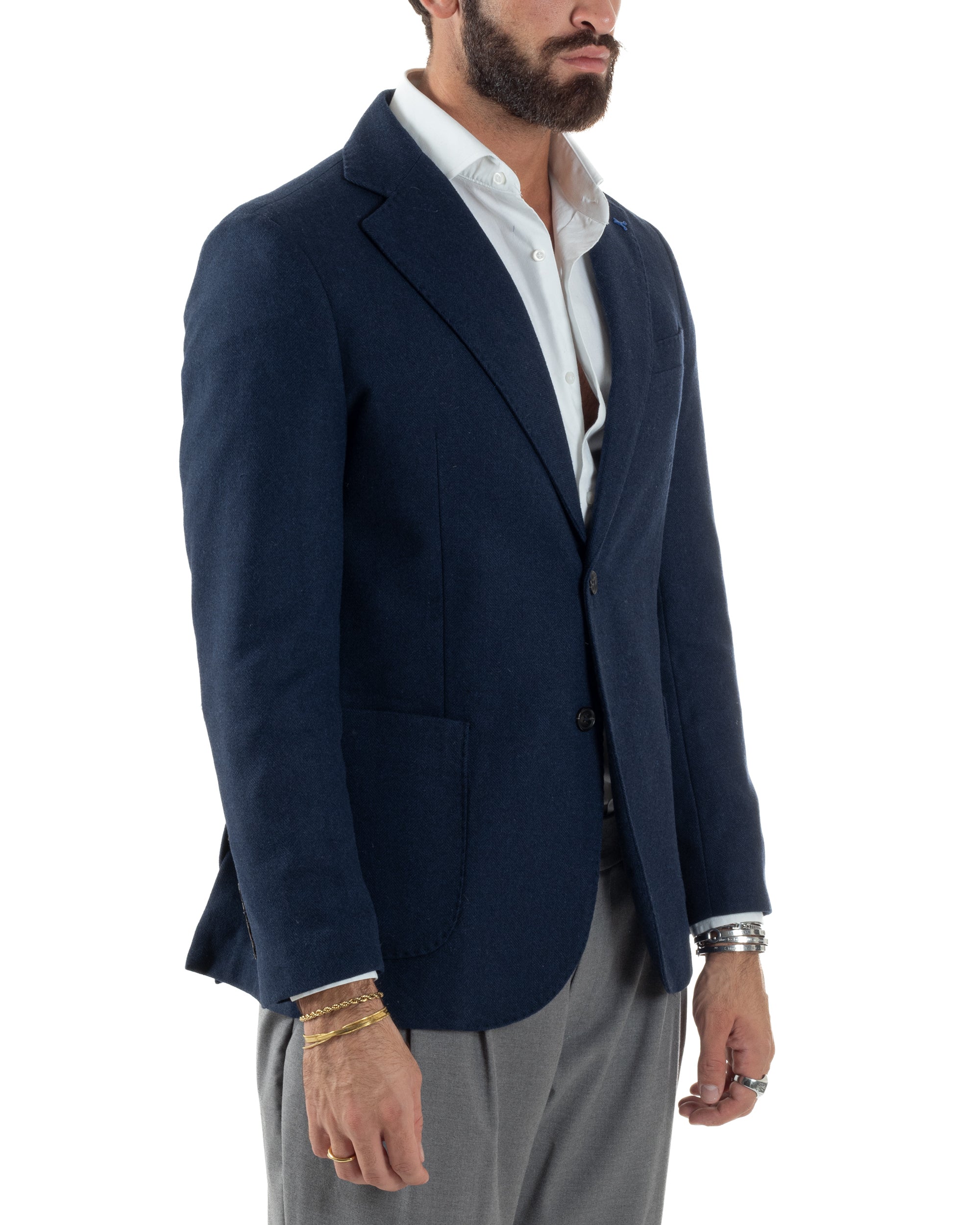 Giacca Uomo Lana Monopetto Spigata Tinta Unita Blu BZ1000A