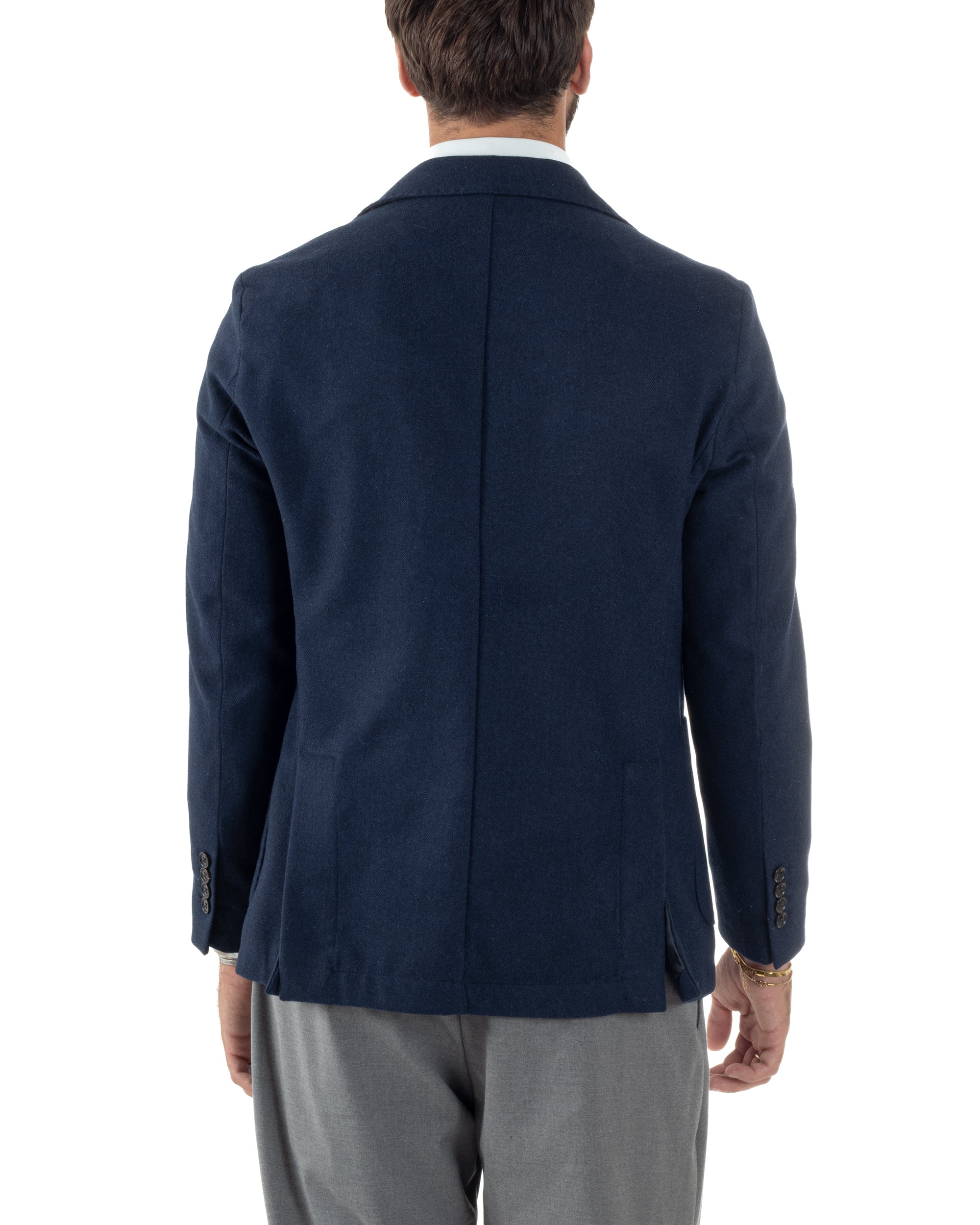 Giacca Uomo Lana Monopetto Spigata Tinta Unita Blu BZ1000A