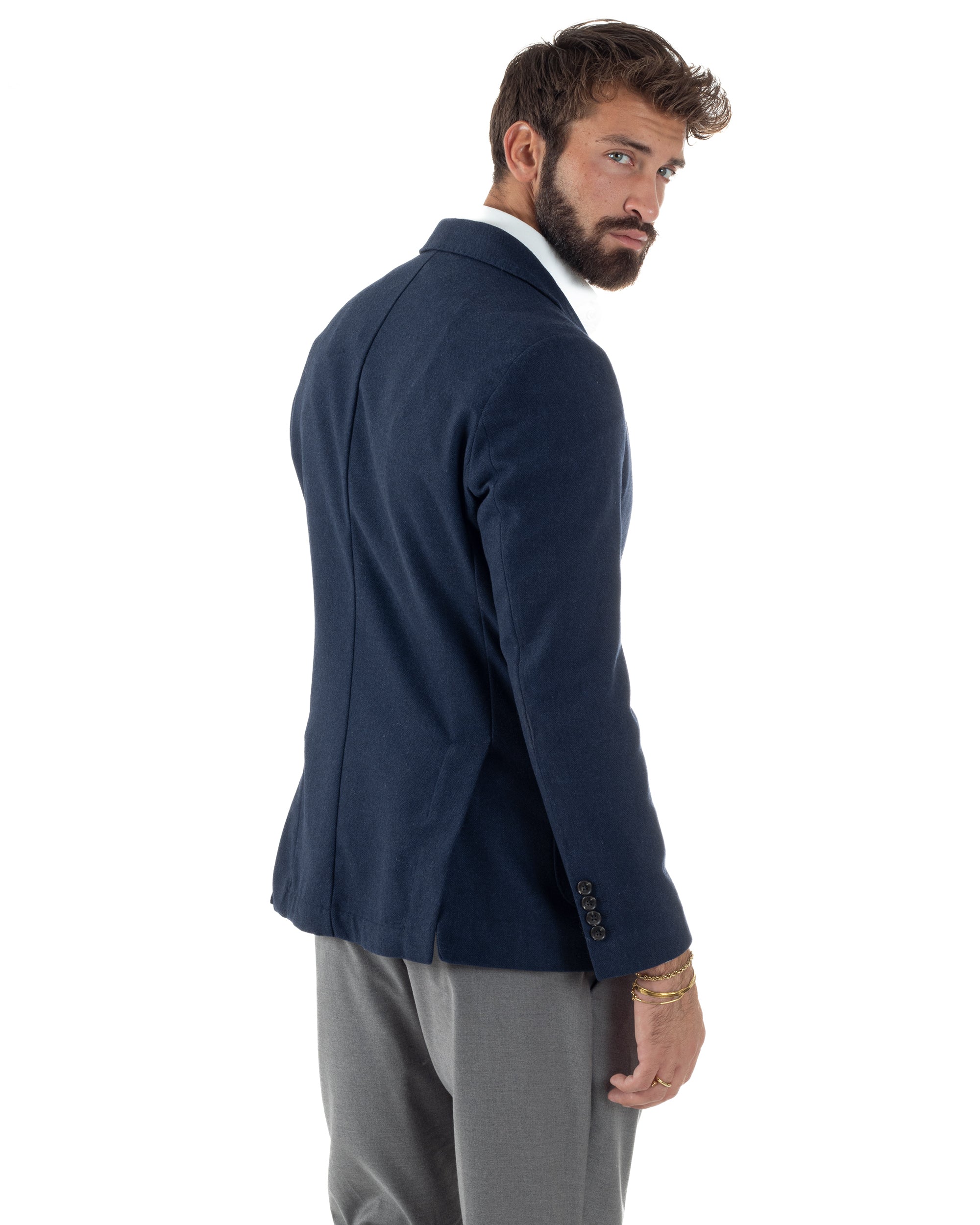 Giacca Uomo Lana Monopetto Spigata Tinta Unita Blu BZ1000A