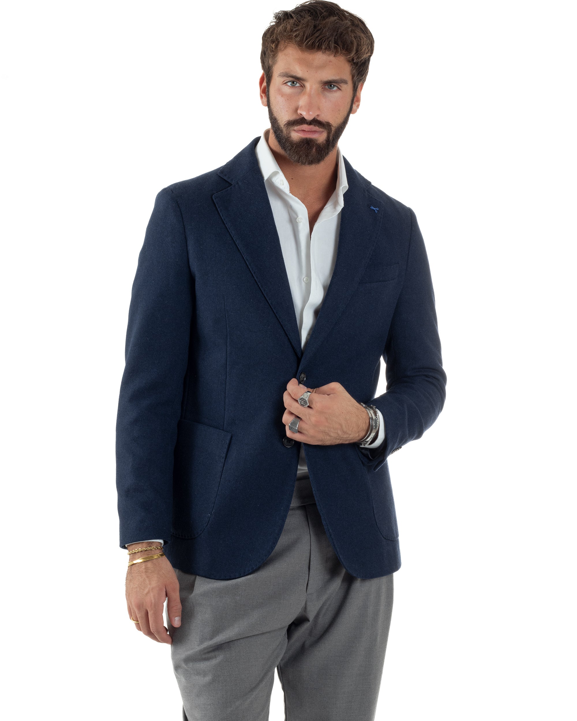 Giacca Uomo Lana Monopetto Spigata Tinta Unita Blu BZ1000A