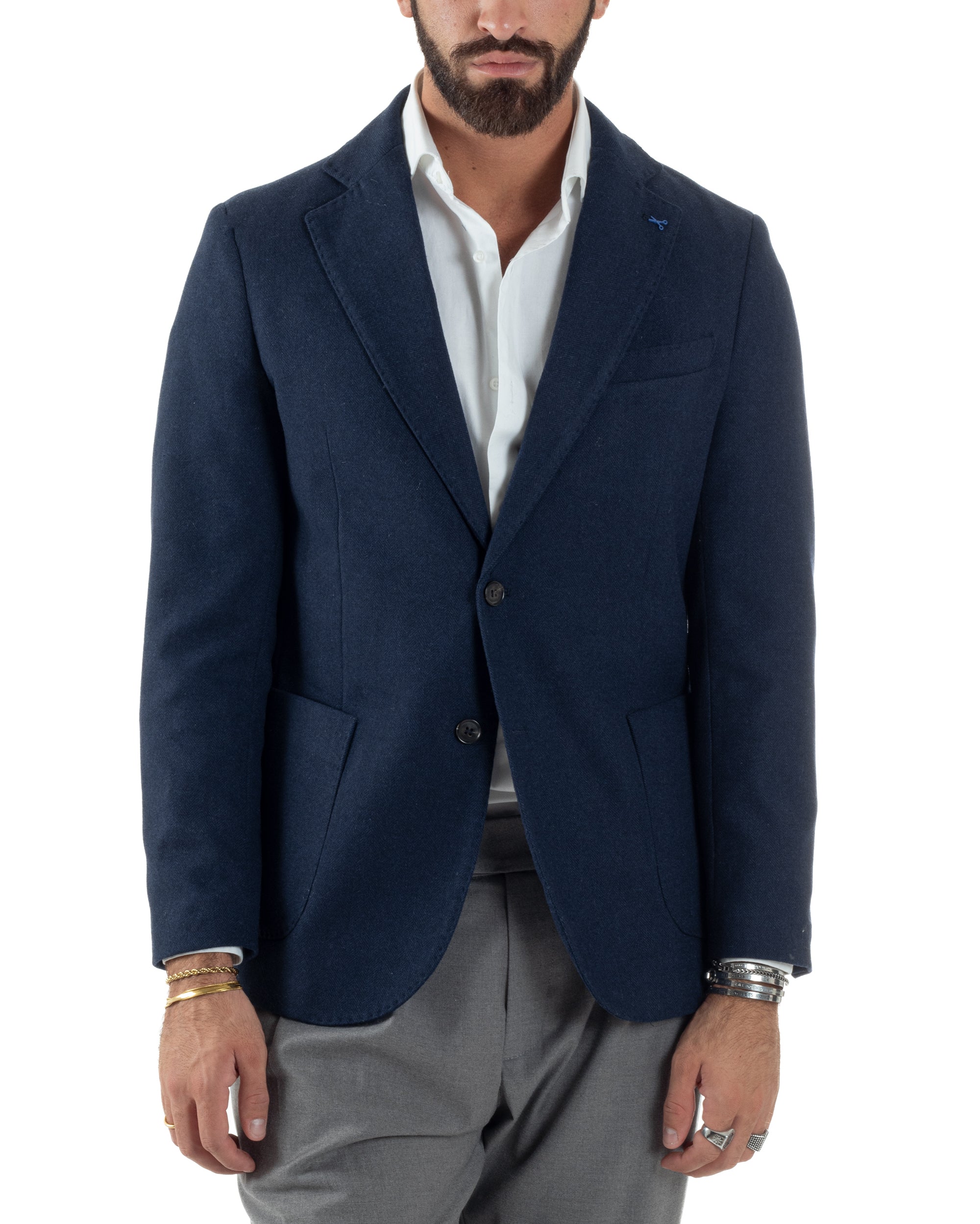 Giacca Uomo Lana Monopetto Spigata Tinta Unita Blu BZ1000A